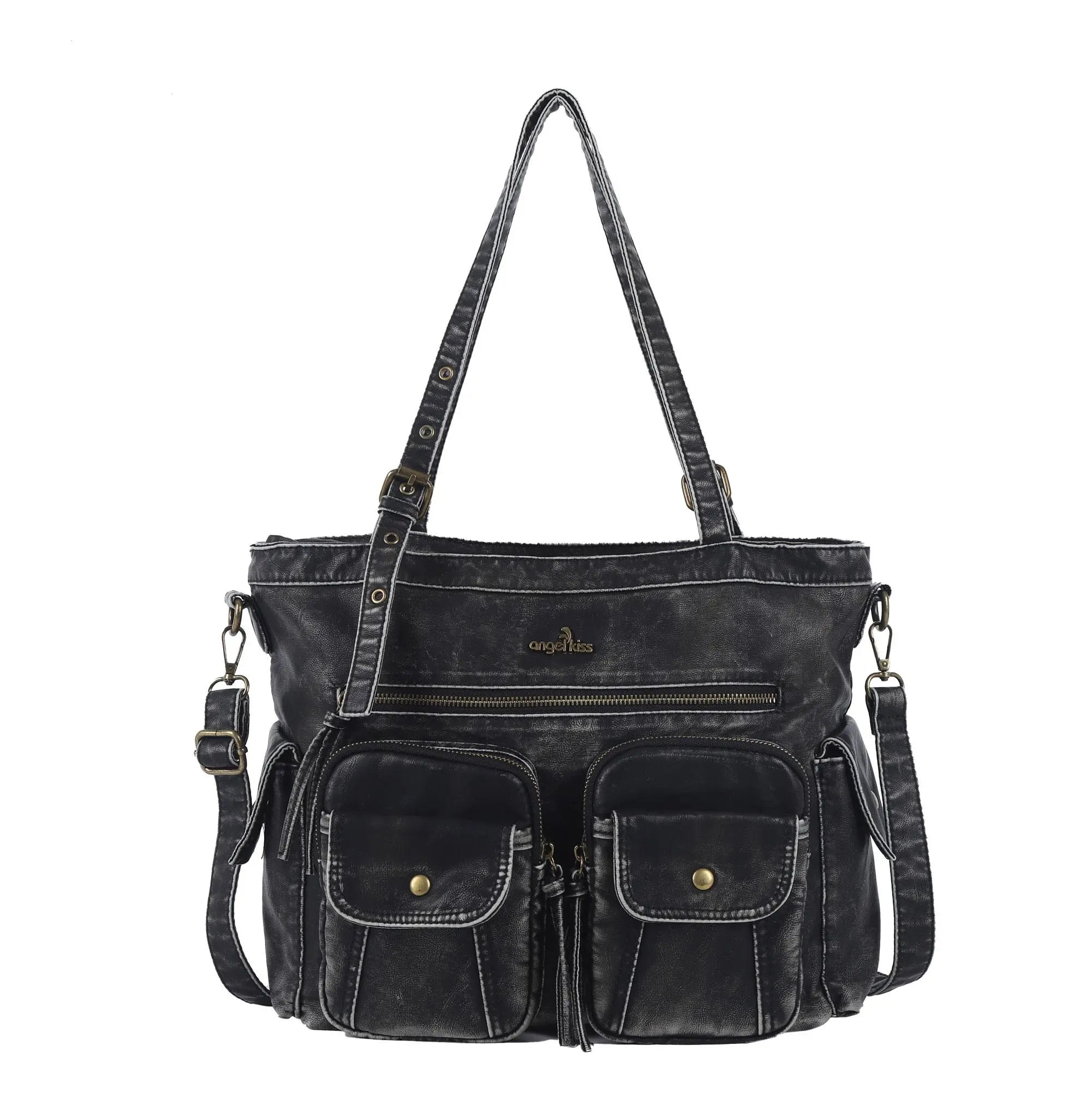 Washed Black Multi-Pocket Tote Shoulder Bag