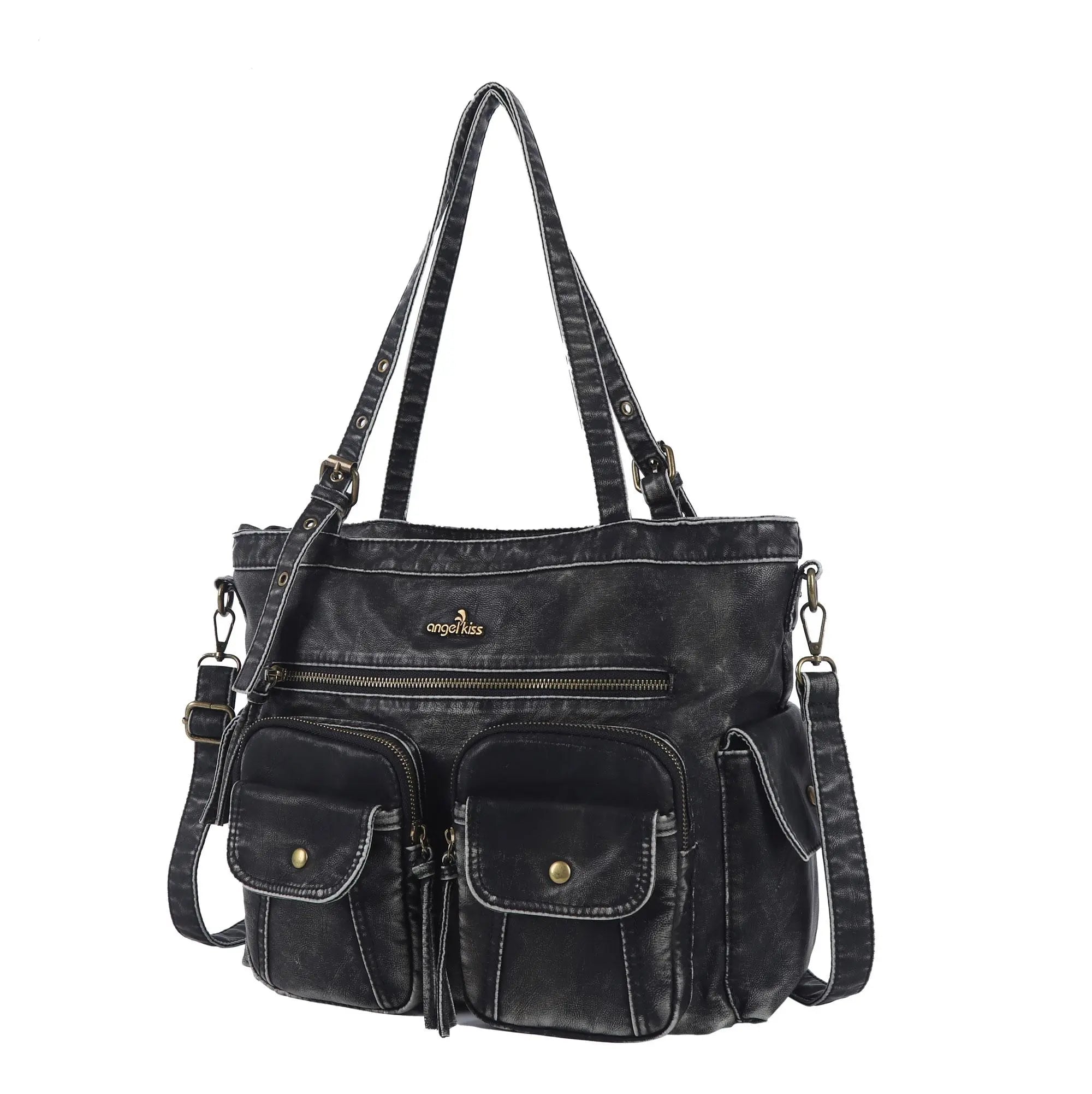 Washed Black Multi-Pocket Tote Shoulder Bag