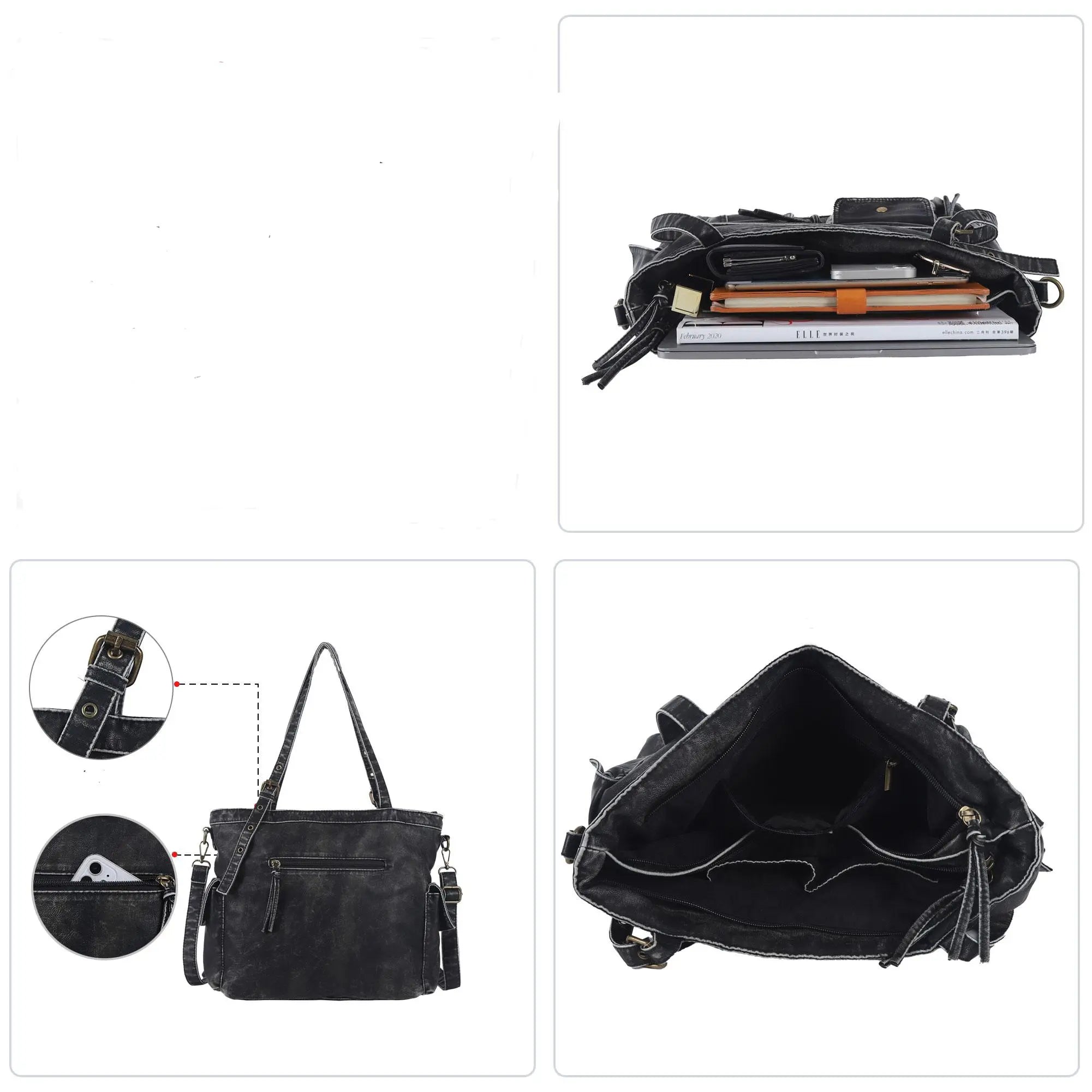 Washed Black Multi-Pocket Tote Shoulder Bag