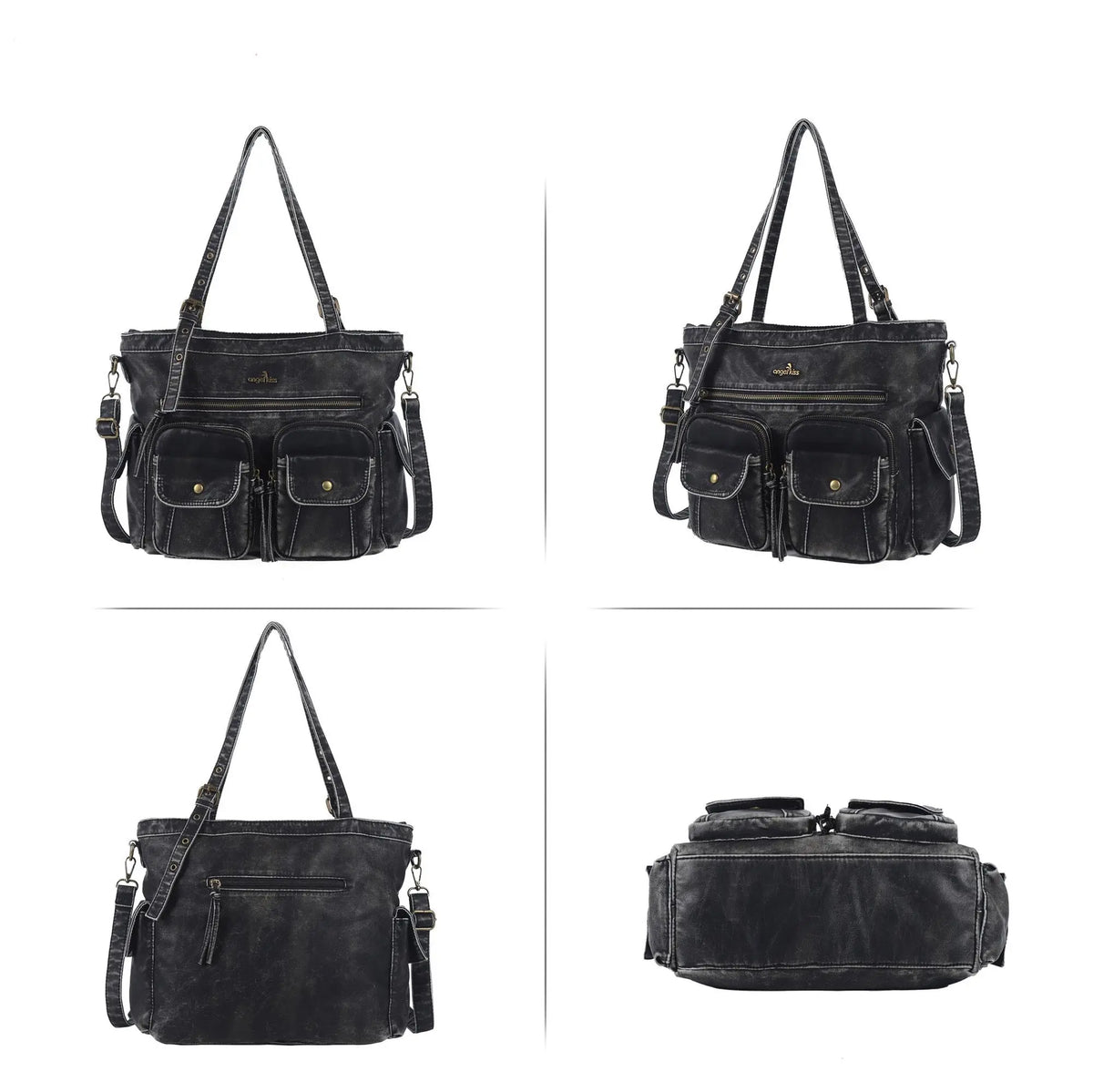 Washed Black Multi-Pocket Tote Shoulder Bag
