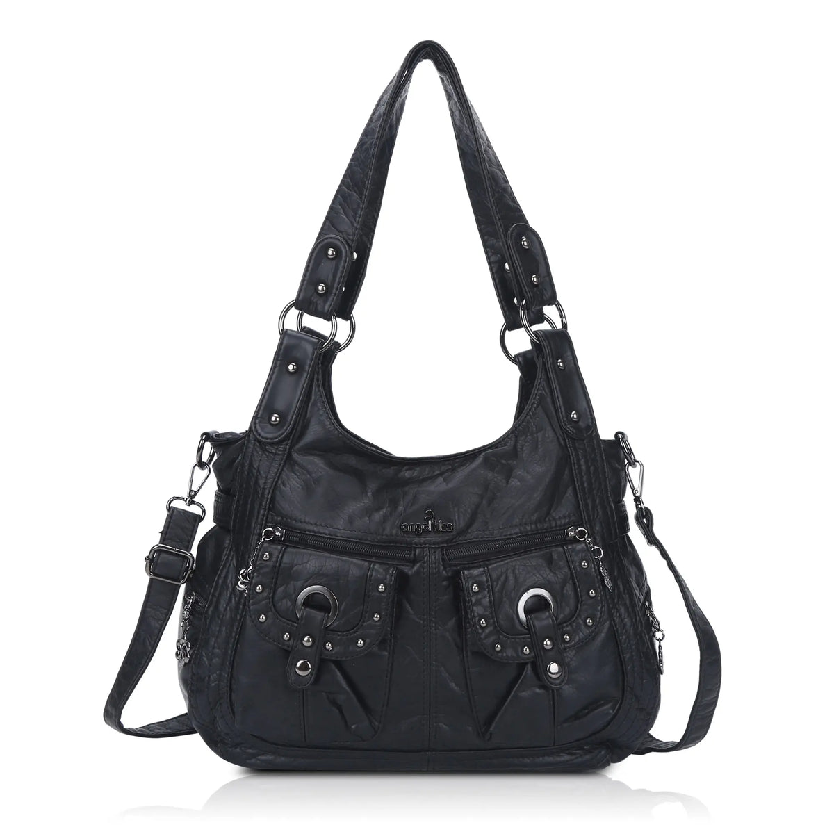 Vintage Studded Shoulder Bag with Dual Front Pockets