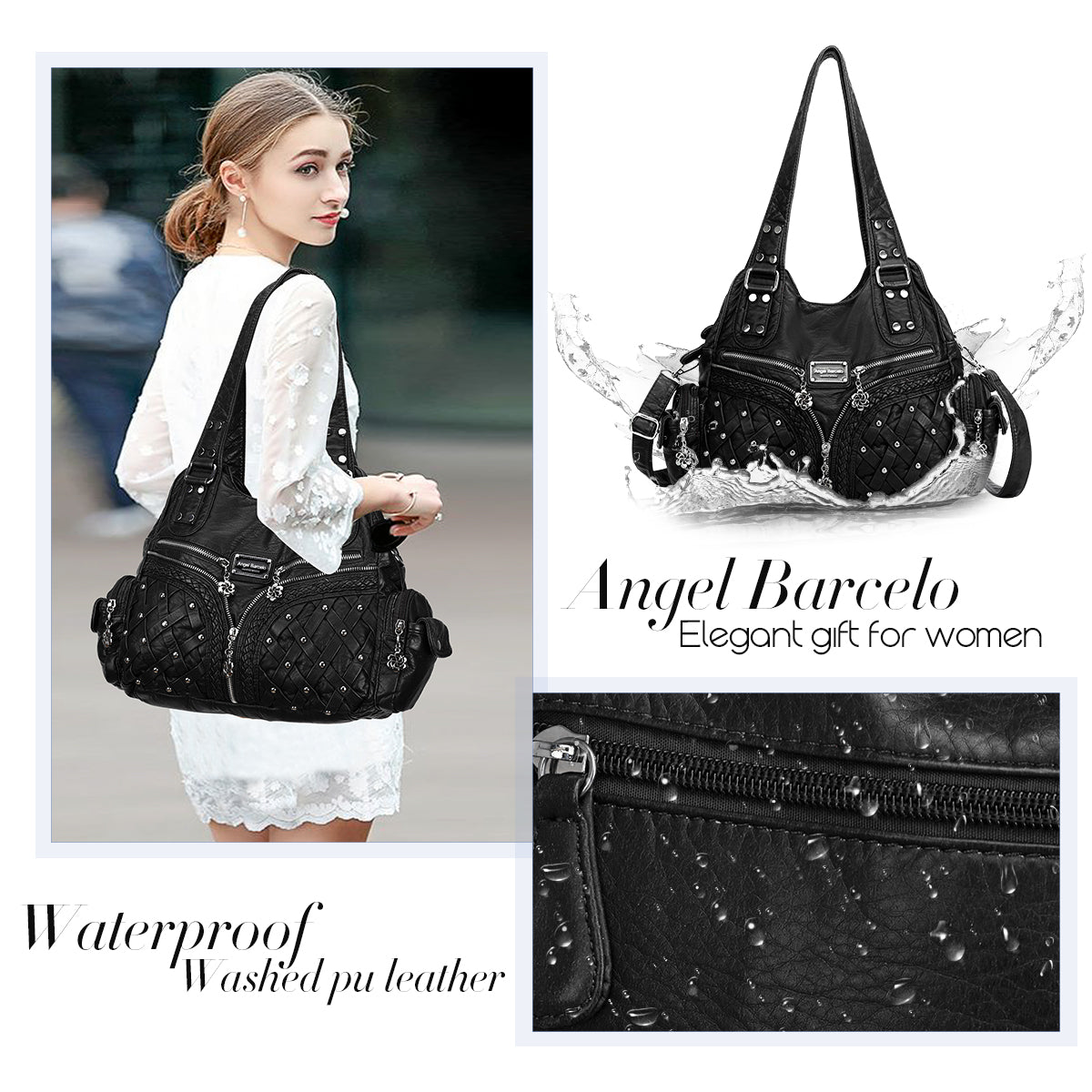 Women Large Capacity Hobo Handbag Washed PU Leather