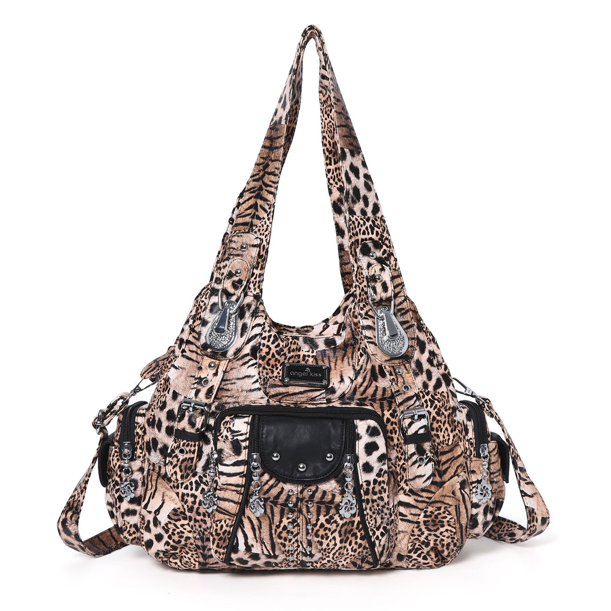 Washed Leopard Print Vintage Multi-Pocket Shoulder Bag for Women