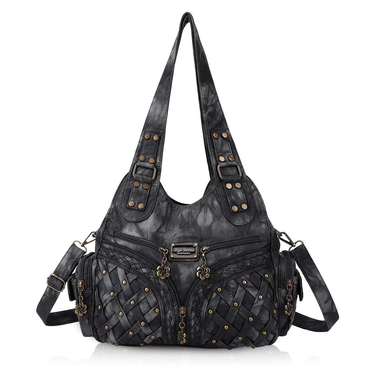 PU Studded Braided Multi-Pocket Hobo Bag