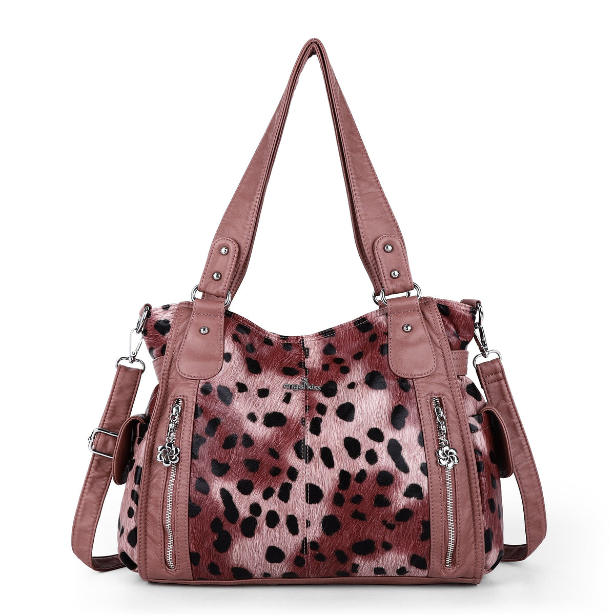 Leopard Print Shoulder Bag with Multiple Zip Pockets