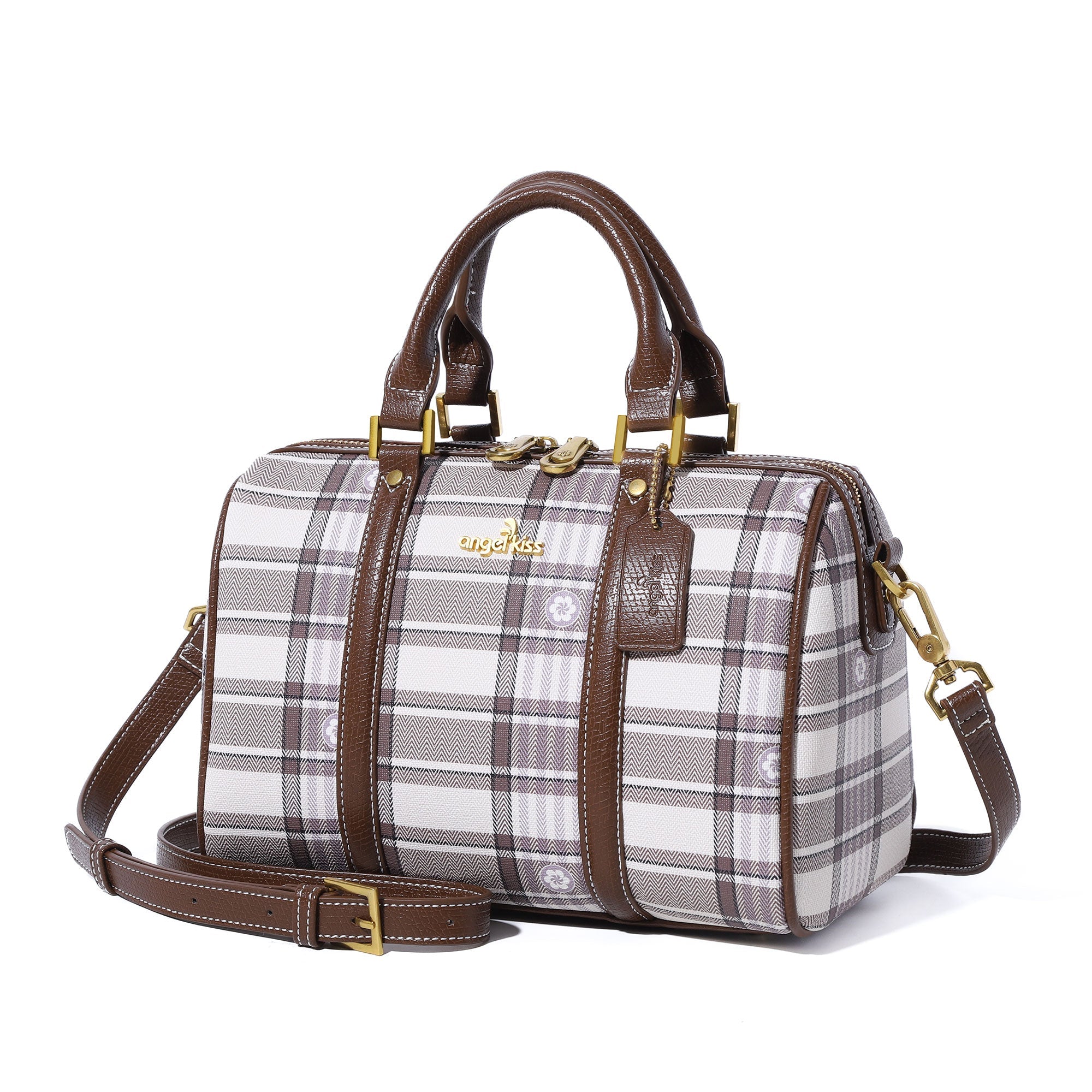 Plaid Medium Boston Satchel Crossbody Bag with Top Handles