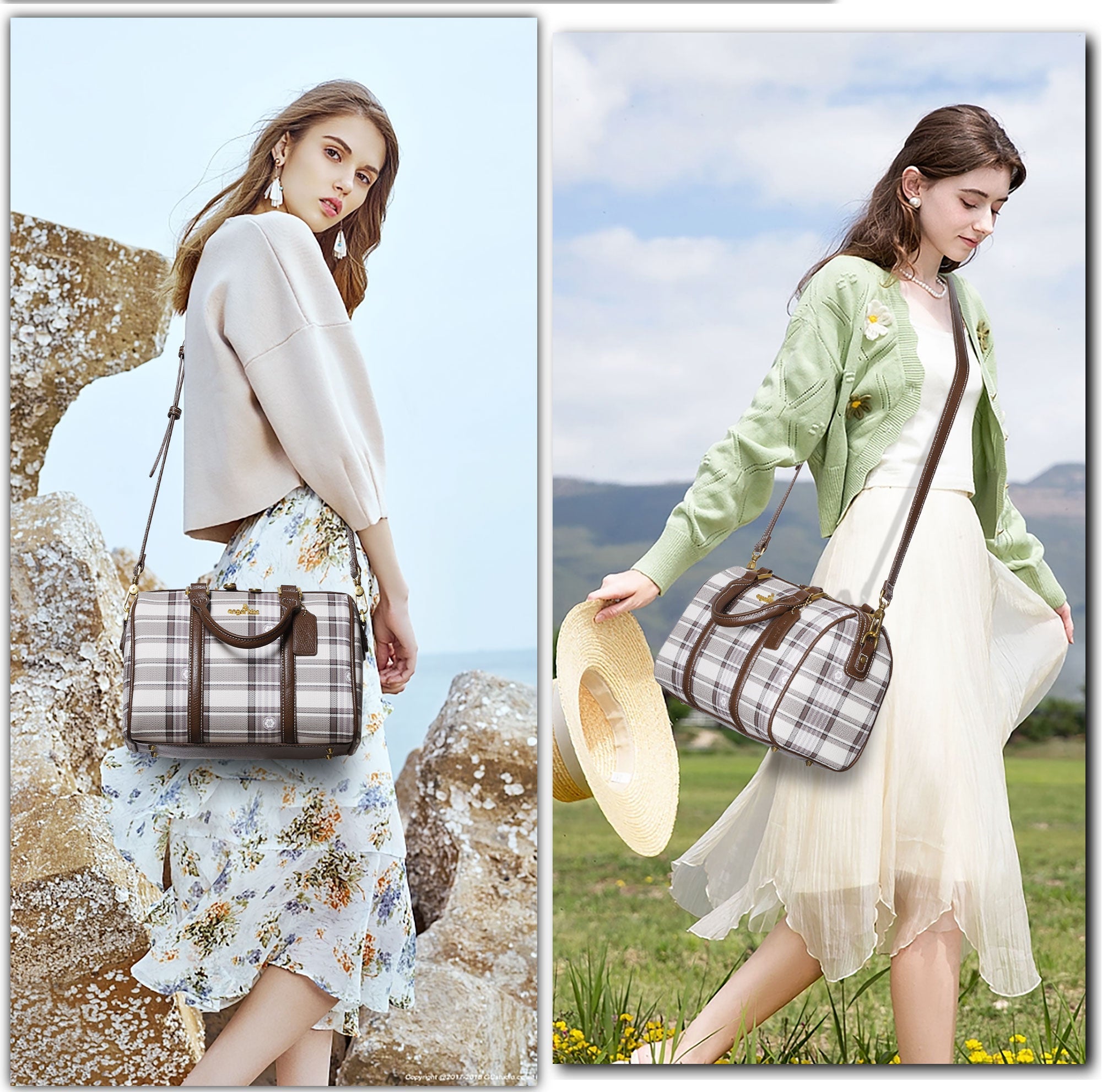 Plaid Medium Boston Satchel Crossbody Bag with Top Handles