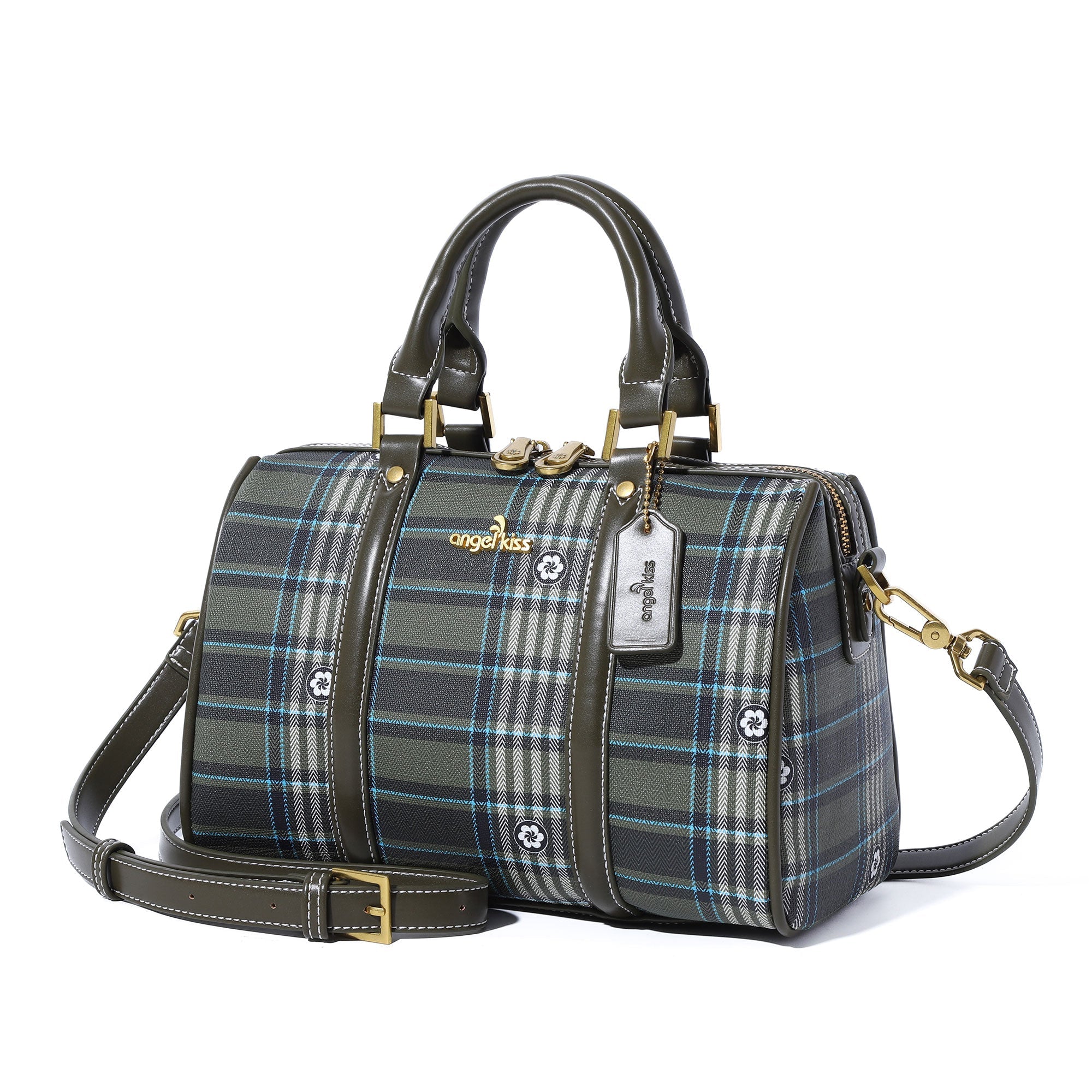 Plaid Medium Boston Satchel Crossbody Bag with Top Handles