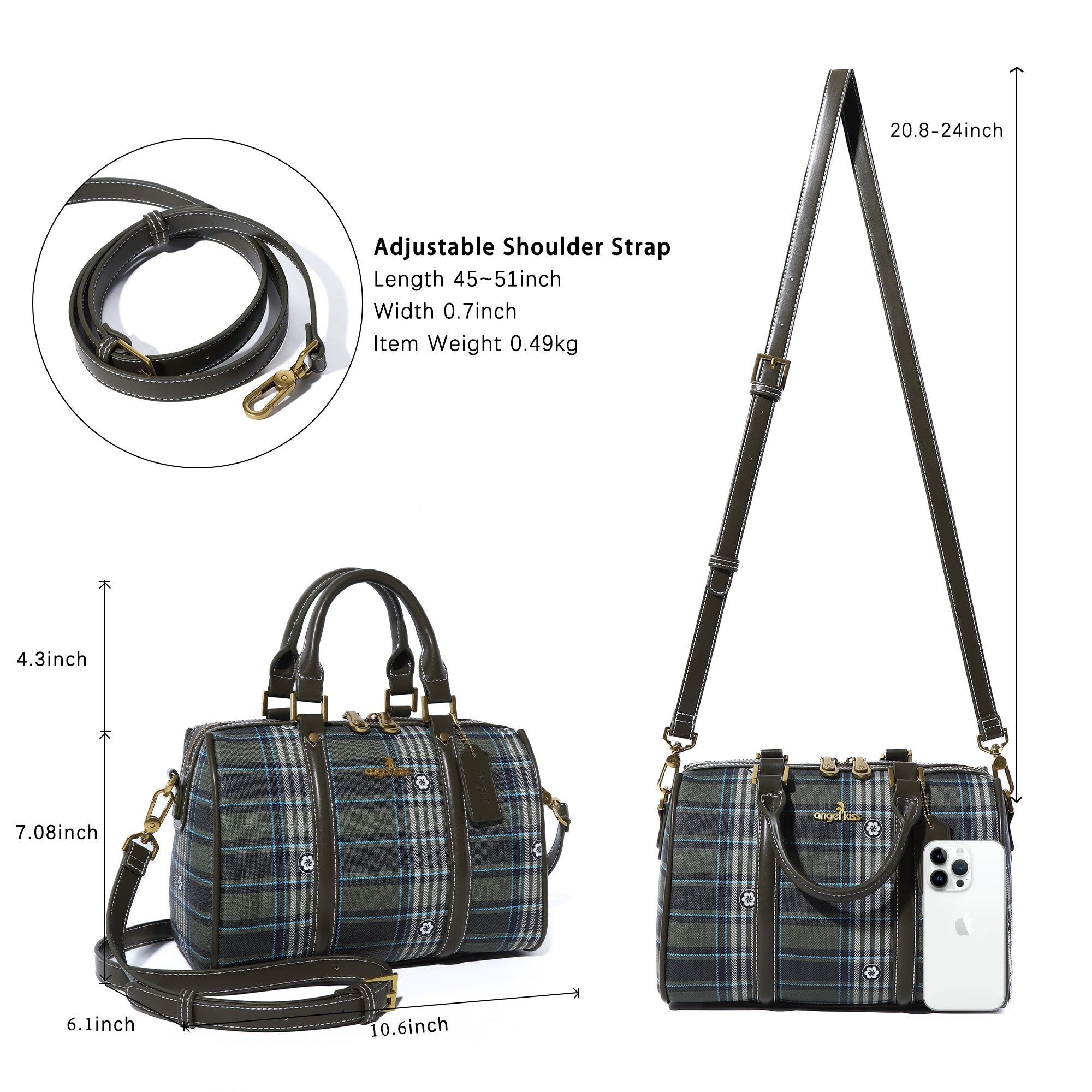 Plaid Medium Boston Satchel Crossbody Bag with Top Handles