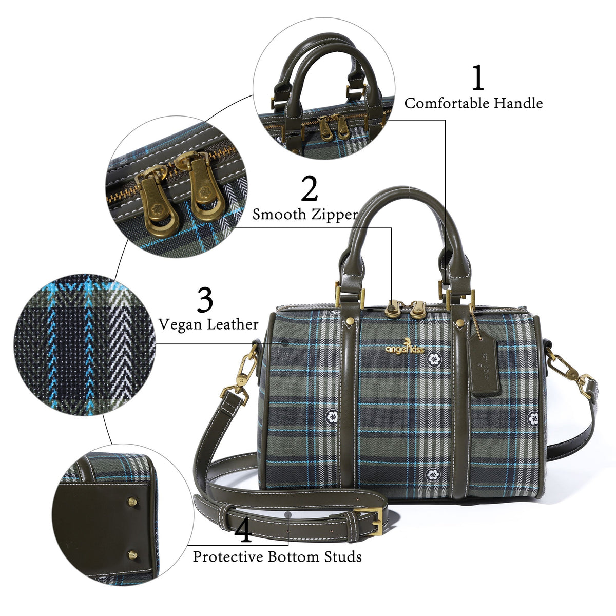 Plaid Medium Boston Satchel Crossbody Bag with Top Handles