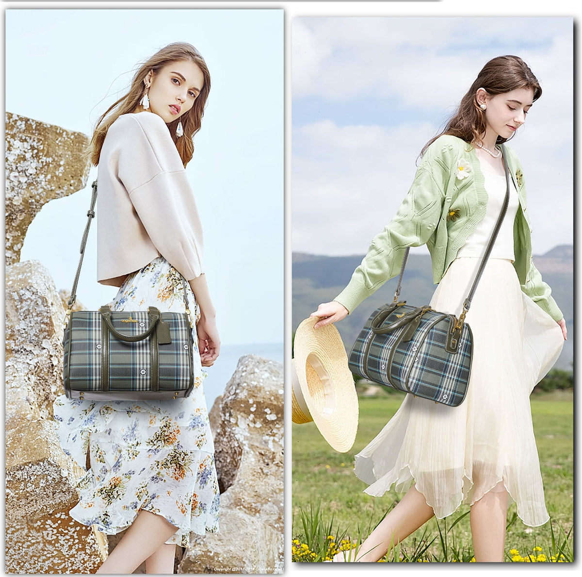 Plaid Medium Boston Satchel Crossbody Bag with Top Handles