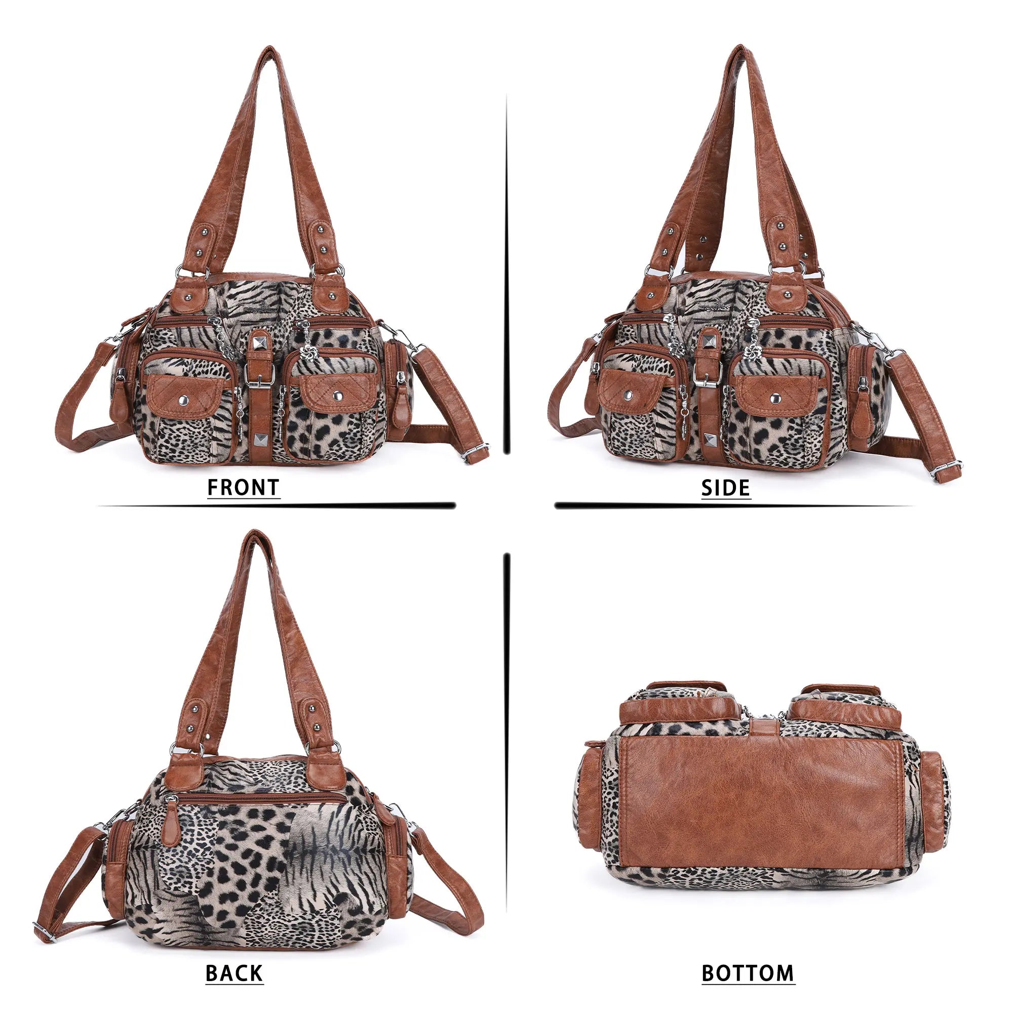 Studded Multi-Pocket Shoulder Bag with Buckle Accents