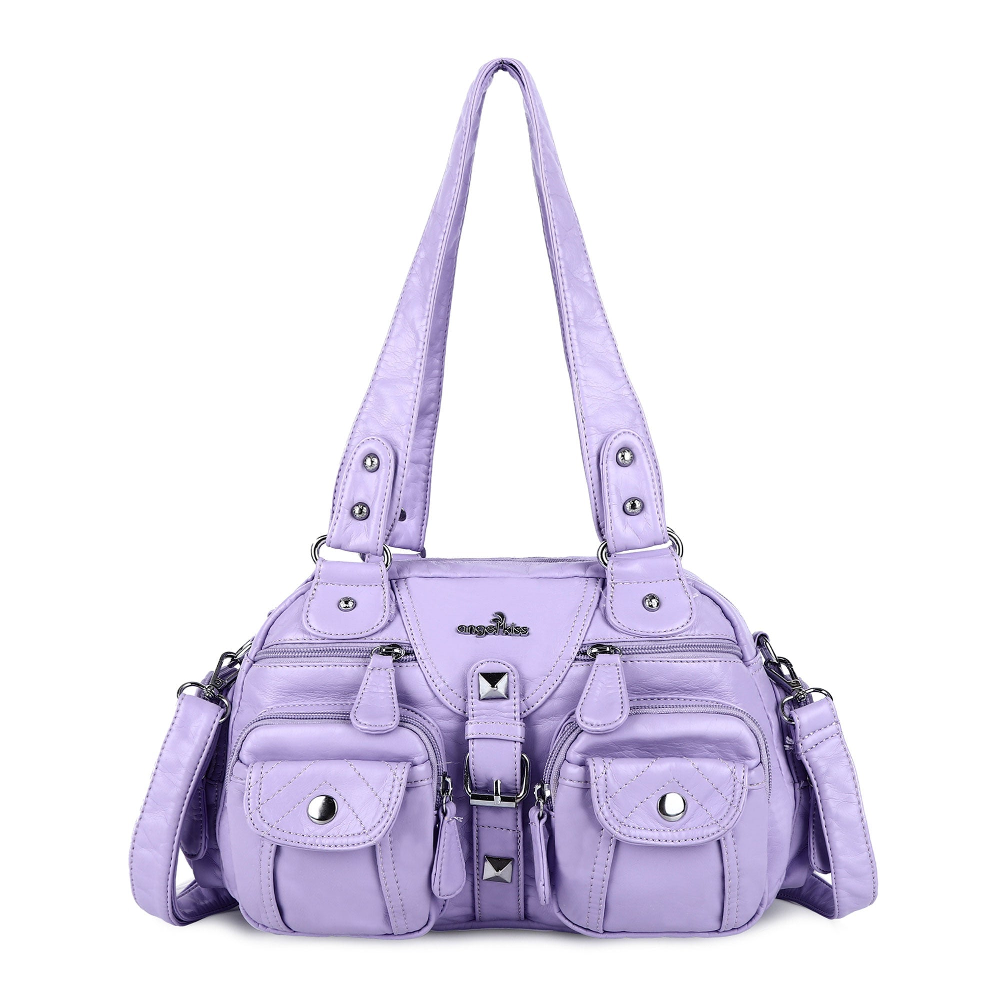 Studded Multi-Pocket Shoulder Bag with Buckle Accents