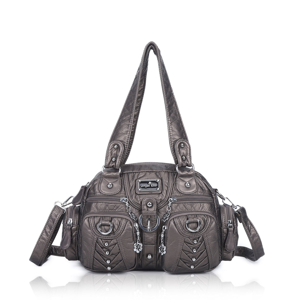 Studded Ring-Detail Multi-Pocket Shoulder Bag