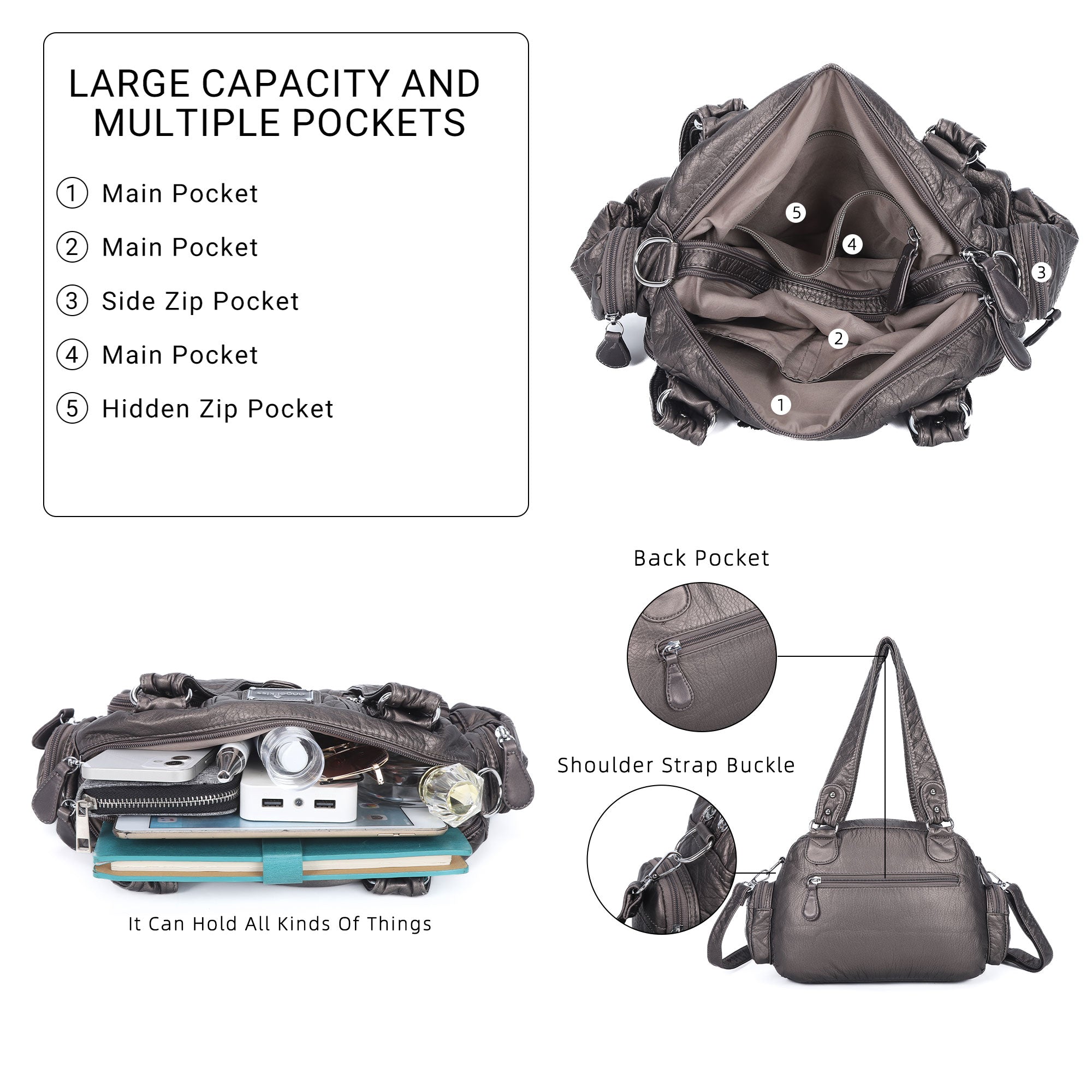 Studded Ring-Detail Multi-Pocket Shoulder Bag