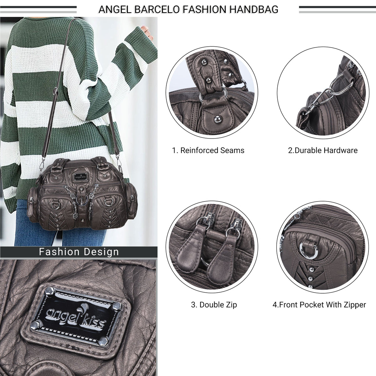 Studded Ring-Detail Multi-Pocket Shoulder Bag