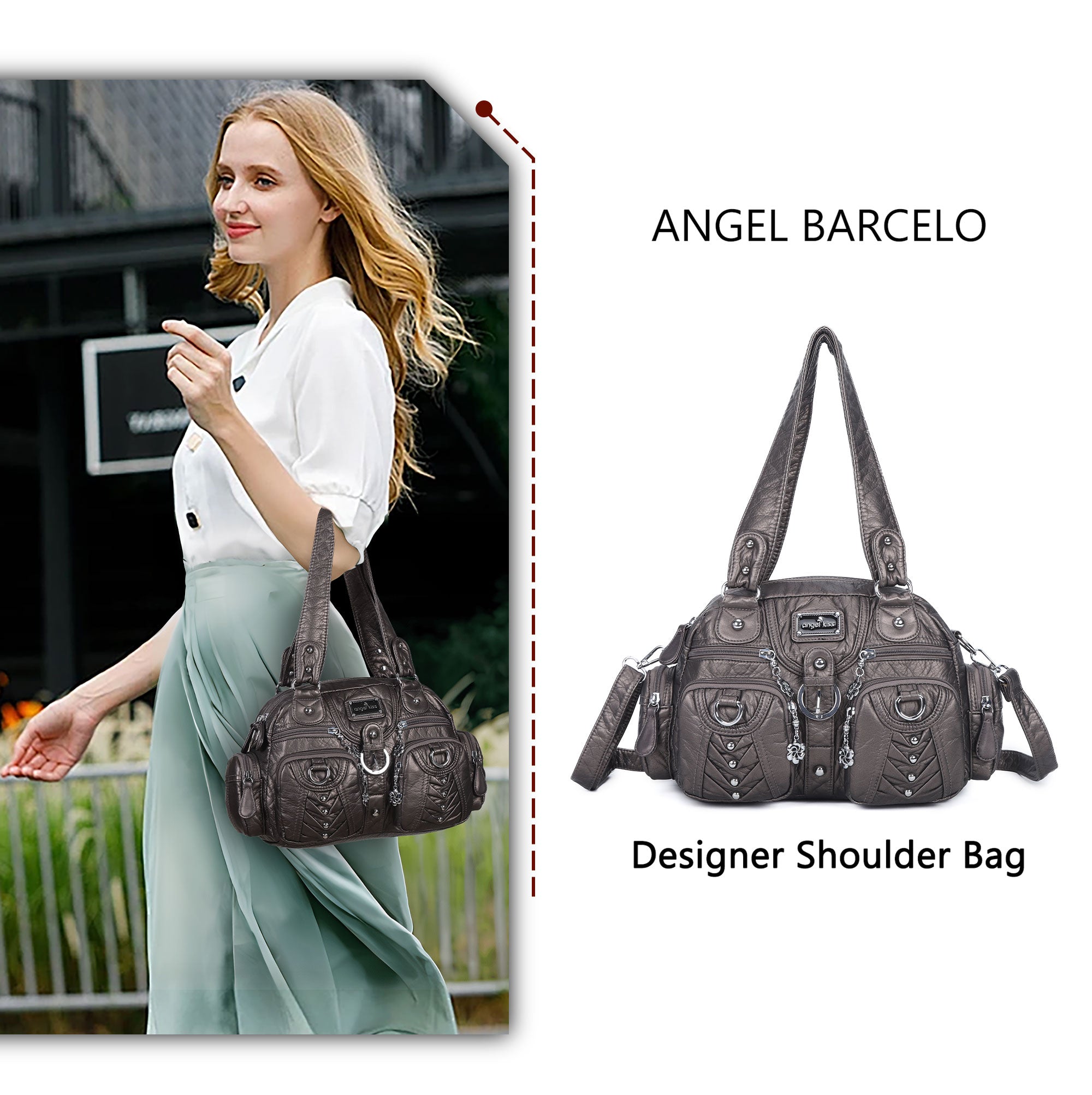Studded Ring-Detail Multi-Pocket Shoulder Bag