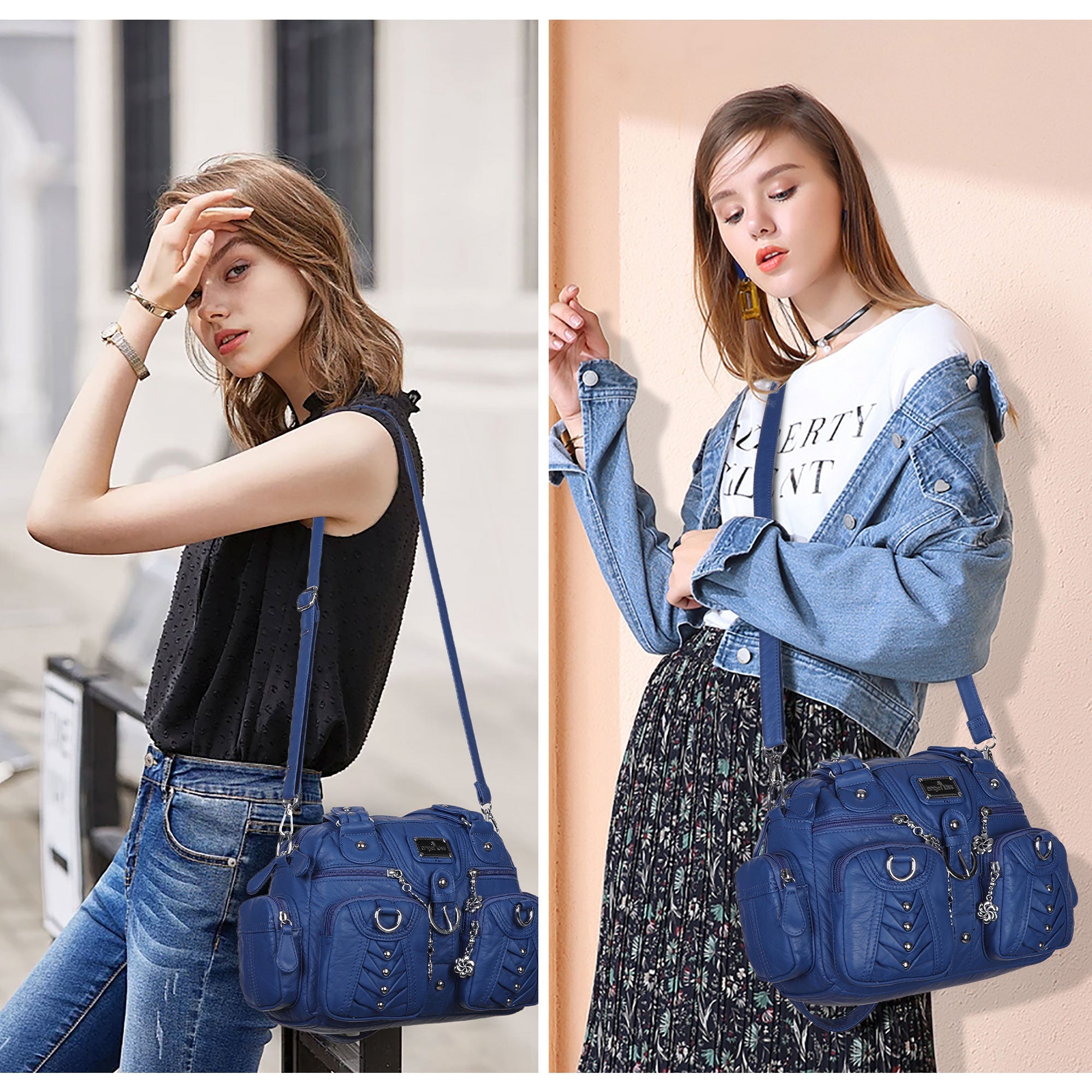 Studded Ring-Detail Multi-Pocket Shoulder Bag