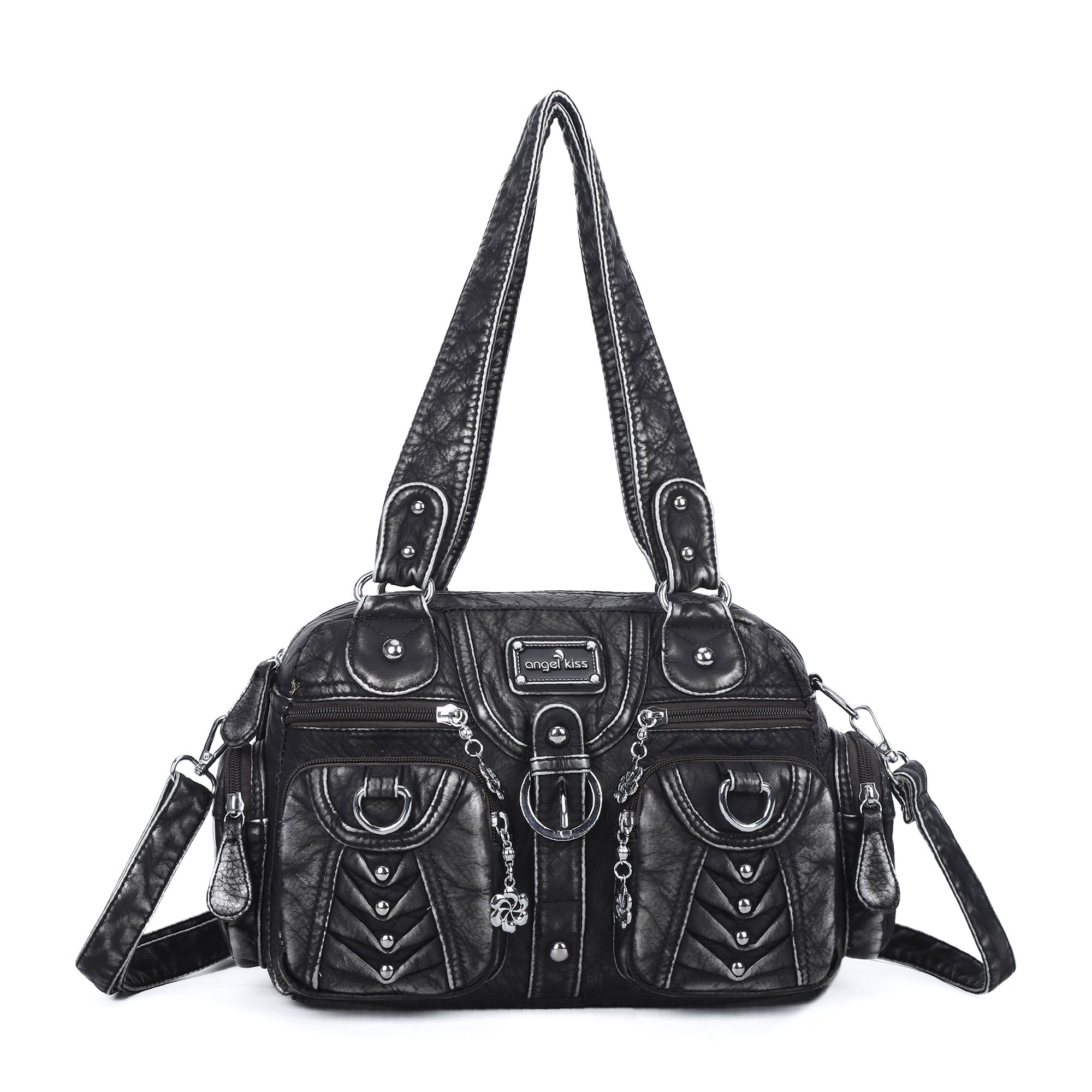 Studded Ring-Detail Multi-Pocket Shoulder Bag