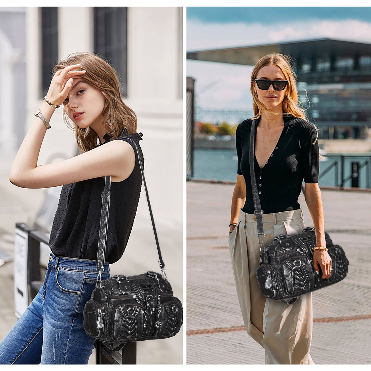 Studded Ring-Detail Multi-Pocket Shoulder Bag