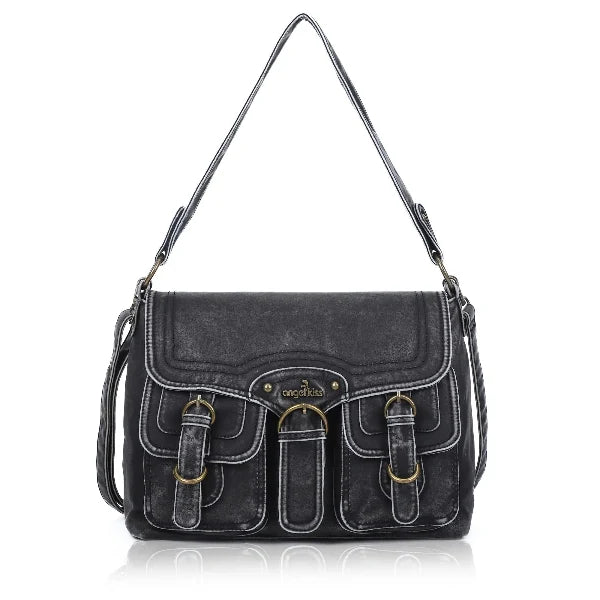 Vintage Washed Flap Shoulder Bag with Front Pockets