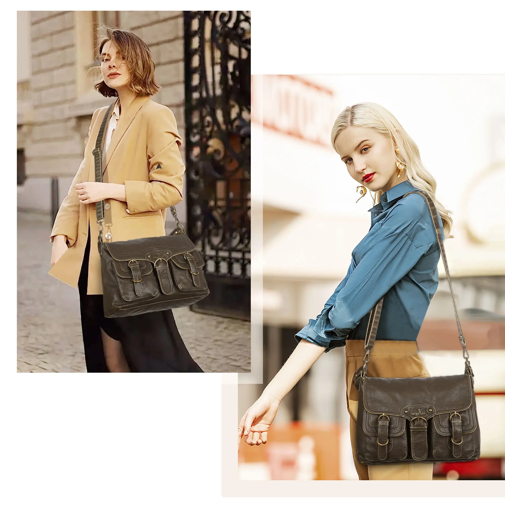 Vintage Washed Flap Shoulder Bag with Front Pockets