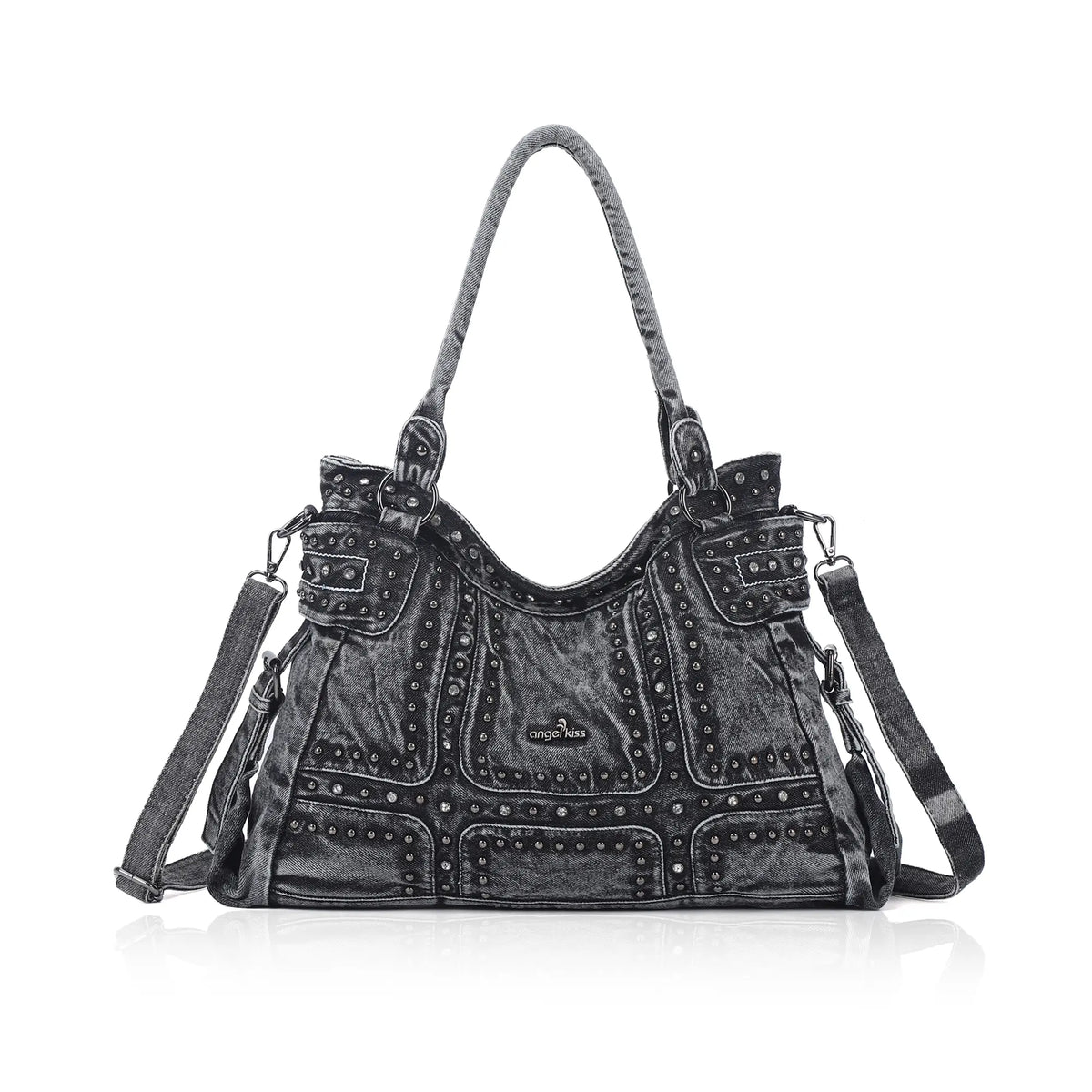 Large Washed Denim Studded Shoulder Crossbody Bag