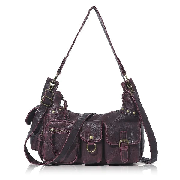 Vintage-Inspired Vegan Leather Shoulder Bag with Multi-Pocket Design