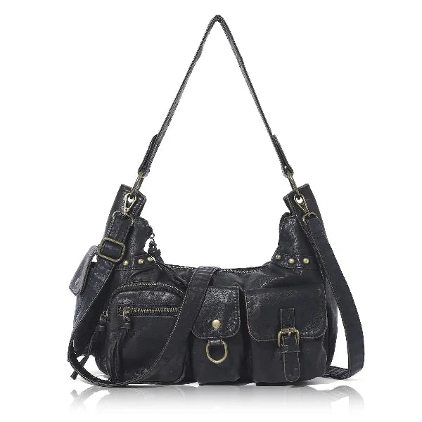 Vintage-Inspired Vegan Leather Shoulder Bag with Multi-Pocket Design