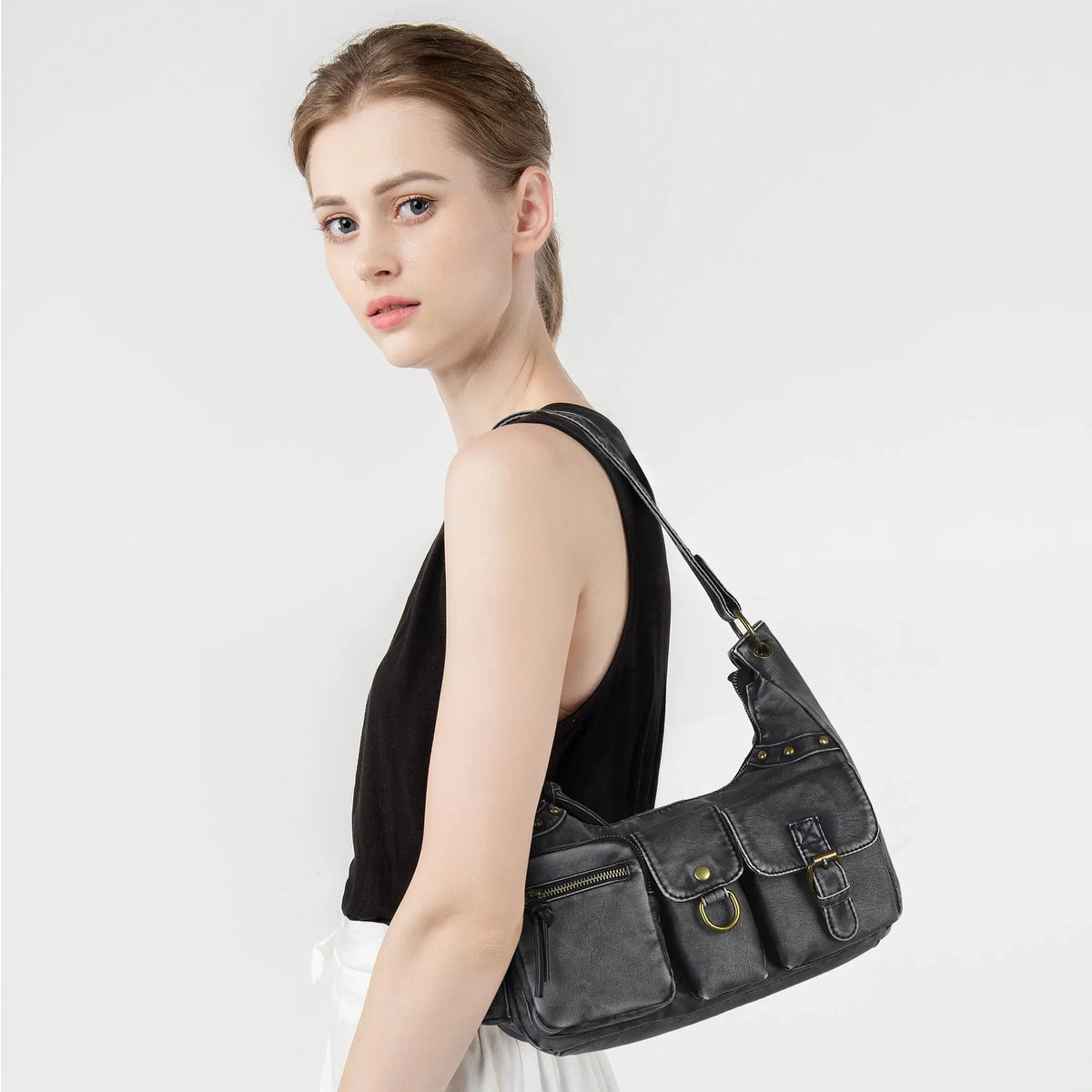 Vintage-Inspired Vegan Leather Shoulder Bag with Multi-Pocket Design