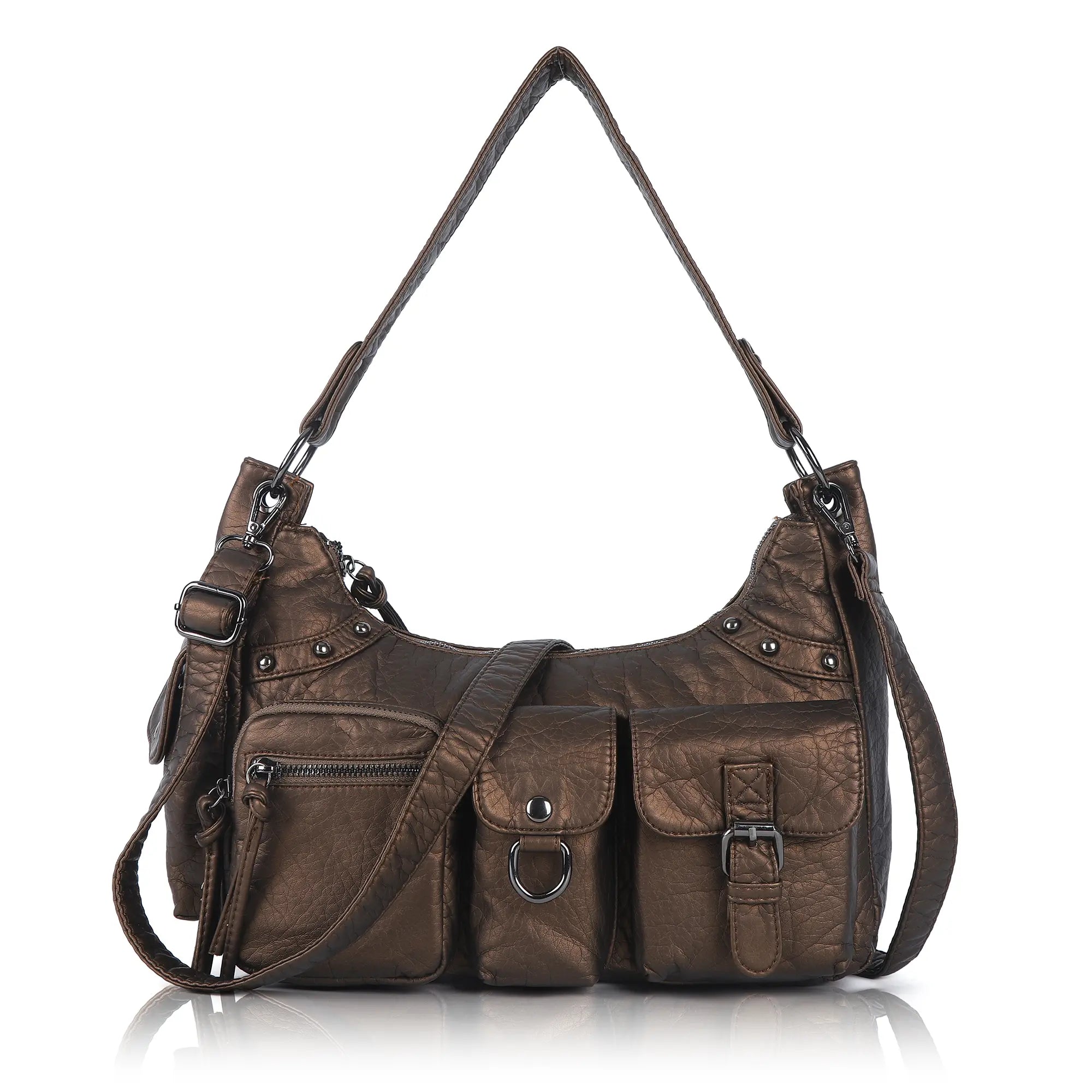 Vintage-Inspired Vegan Leather Shoulder Bag with Multi-Pocket Design