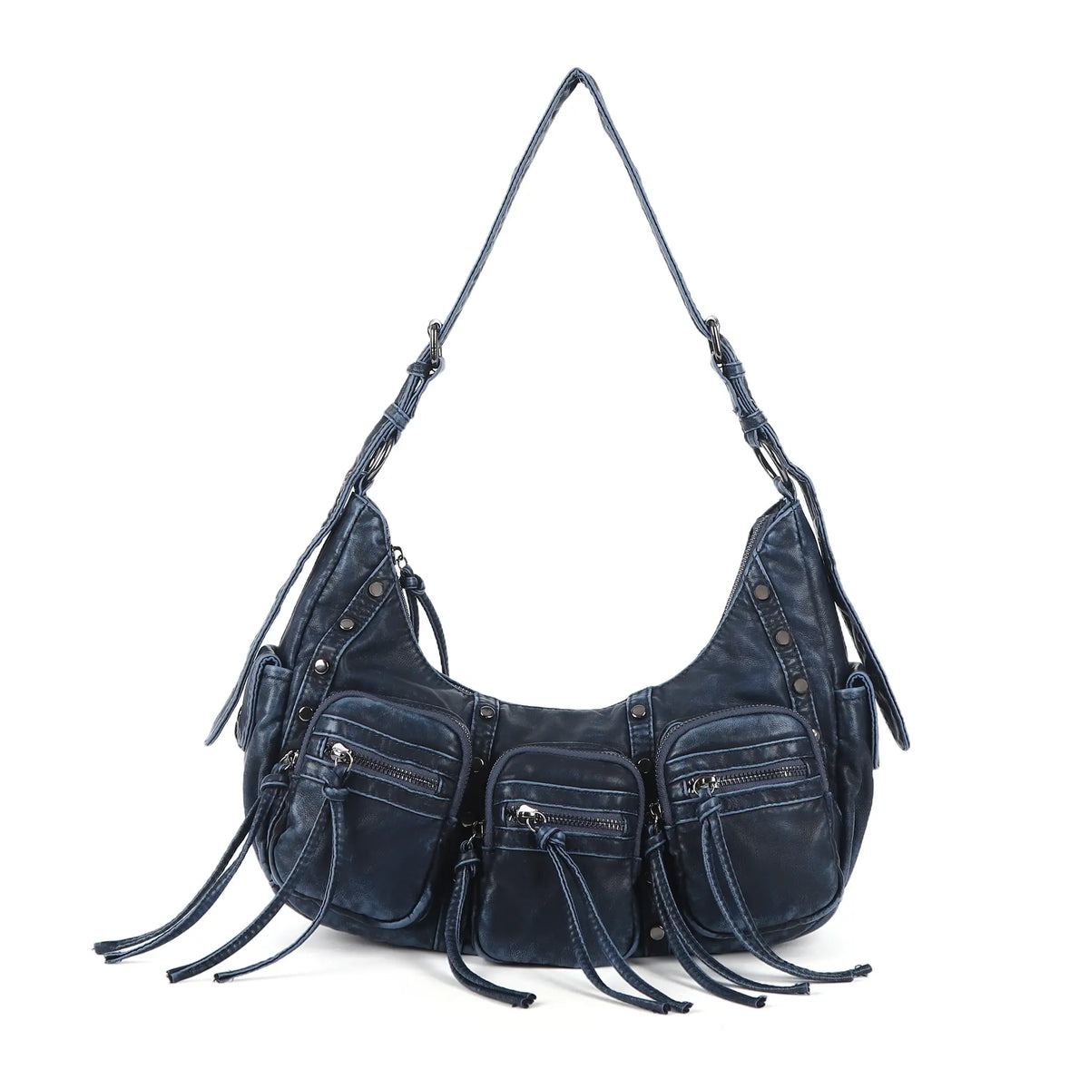 Multi-Pocket Crescent Shoulder Bag with Tassel Zipper Details