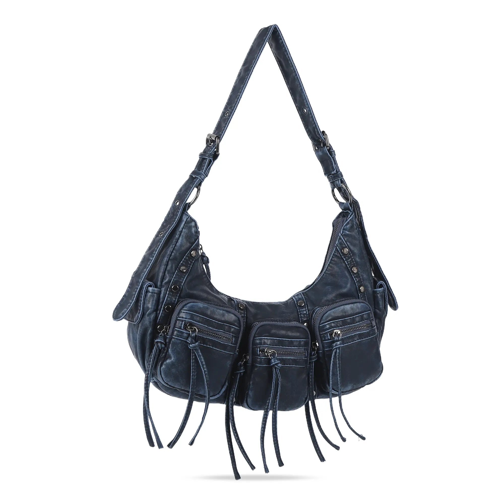 Multi-Pocket Crescent Shoulder Bag with Tassel Zipper Details