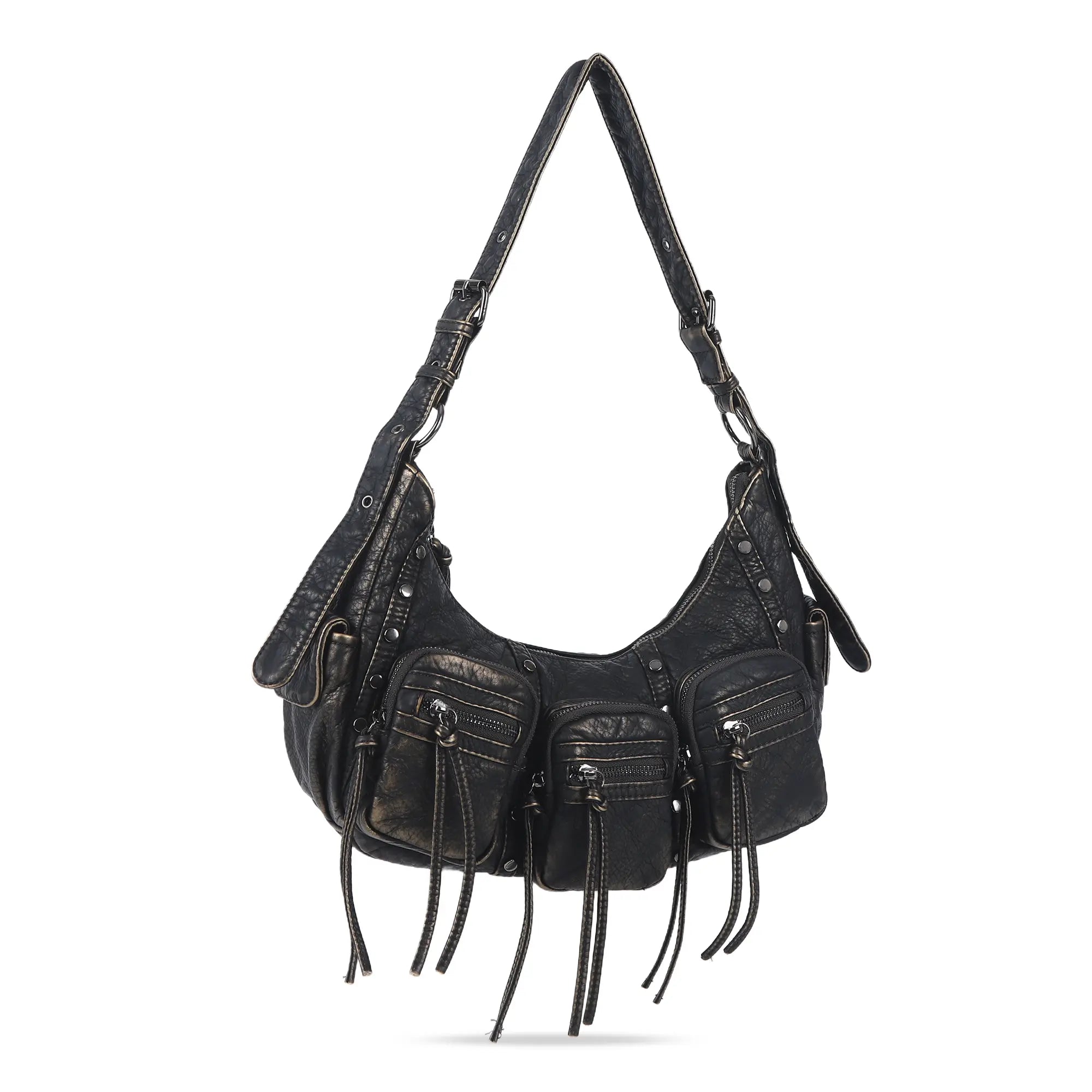 Multi-Pocket Crescent Shoulder Bag with Tassel Zipper Details
