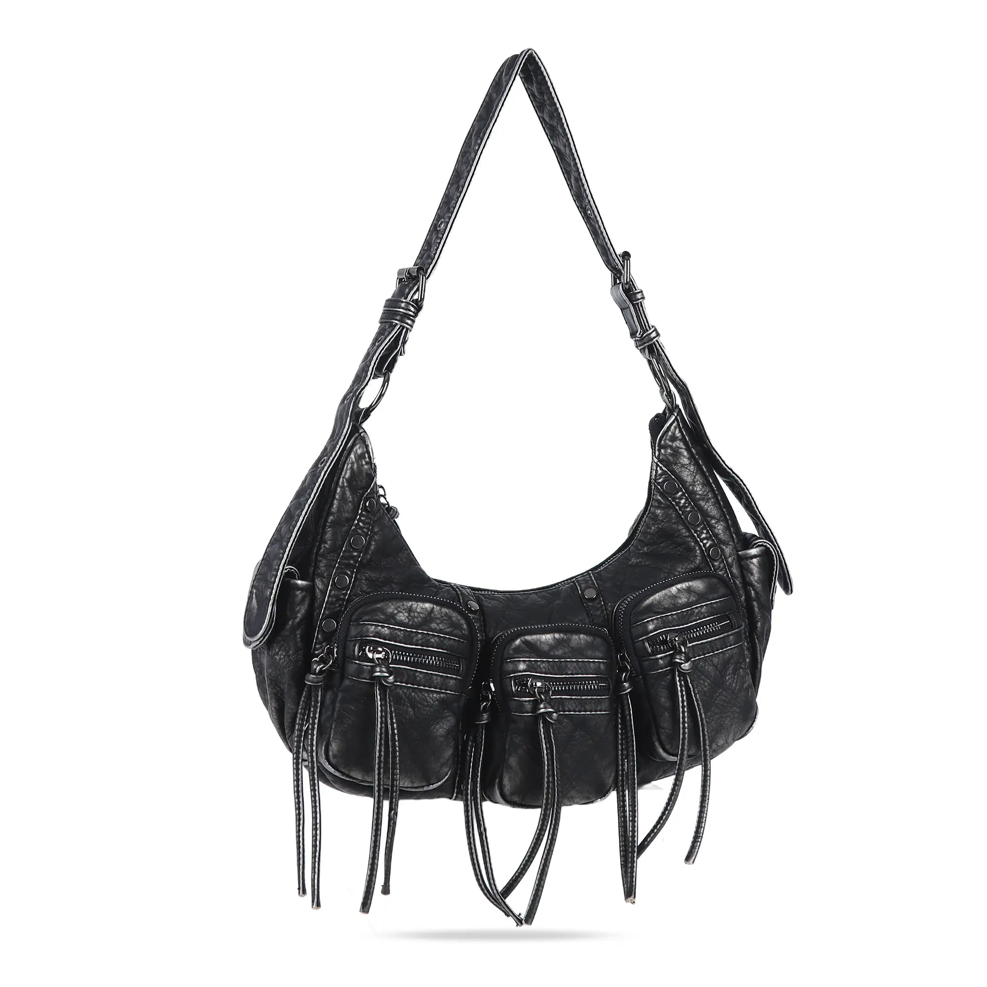 Multi-Pocket Crescent Shoulder Bag with Tassel Zipper Details