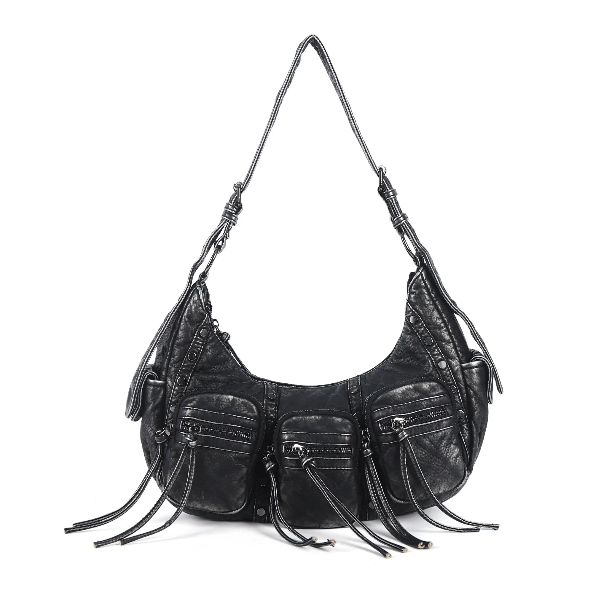 Multi-Pocket Crescent Shoulder Bag with Tassel Zipper Details