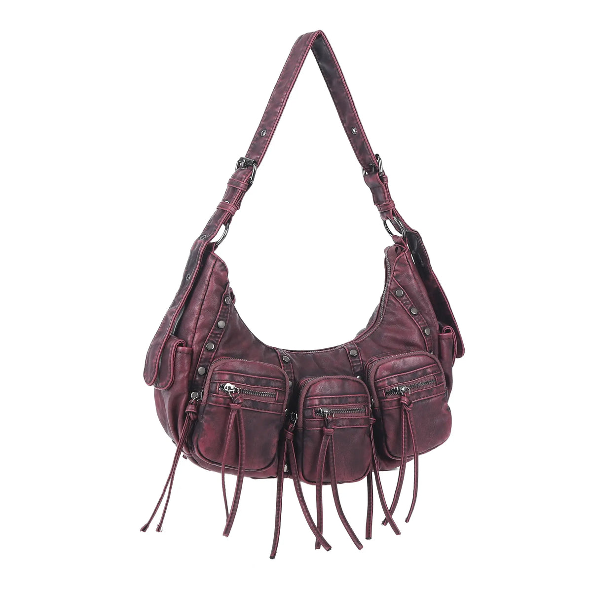 Multi-Pocket Crescent Shoulder Bag with Tassel Zipper Details