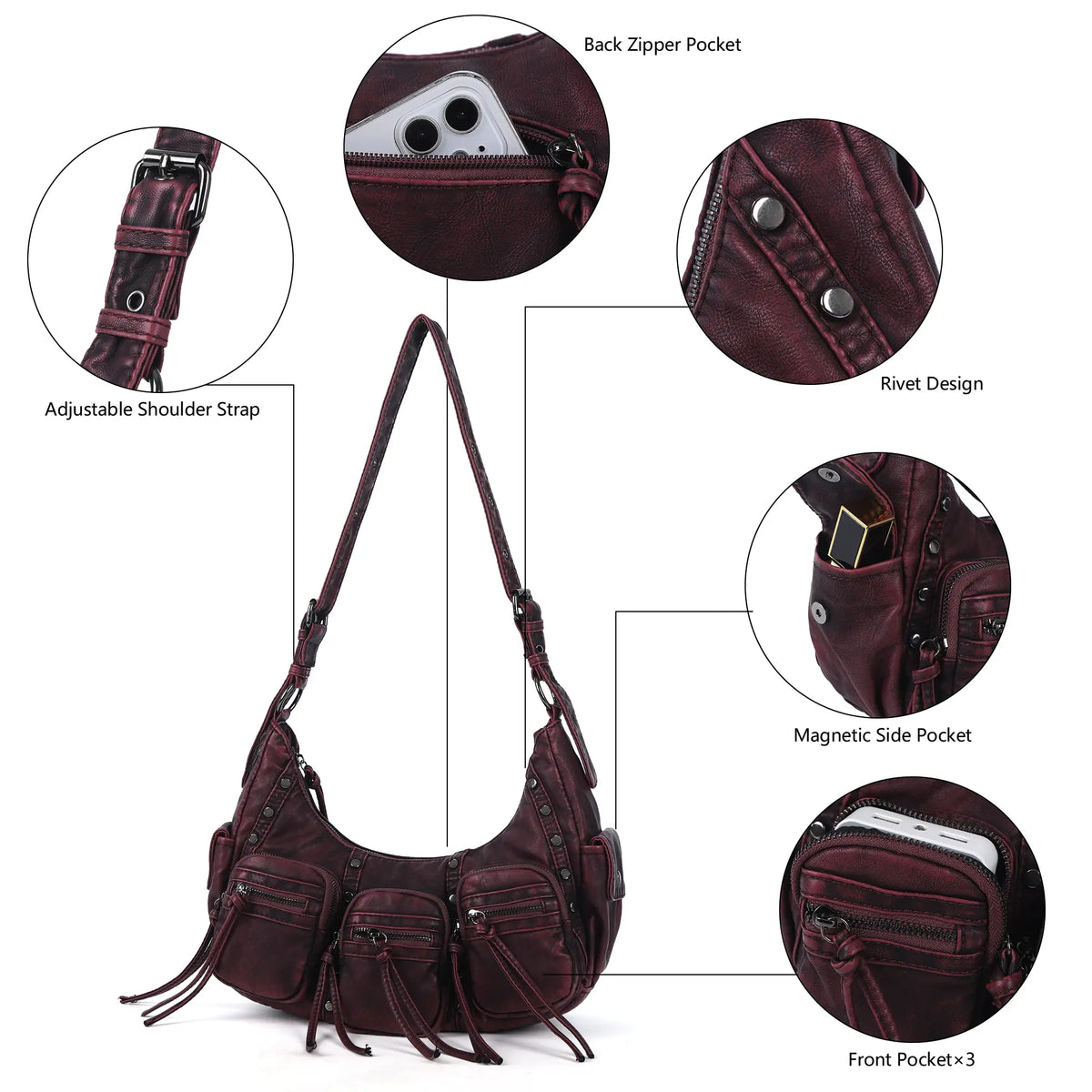 Multi-Pocket Crescent Shoulder Bag with Tassel Zipper Details