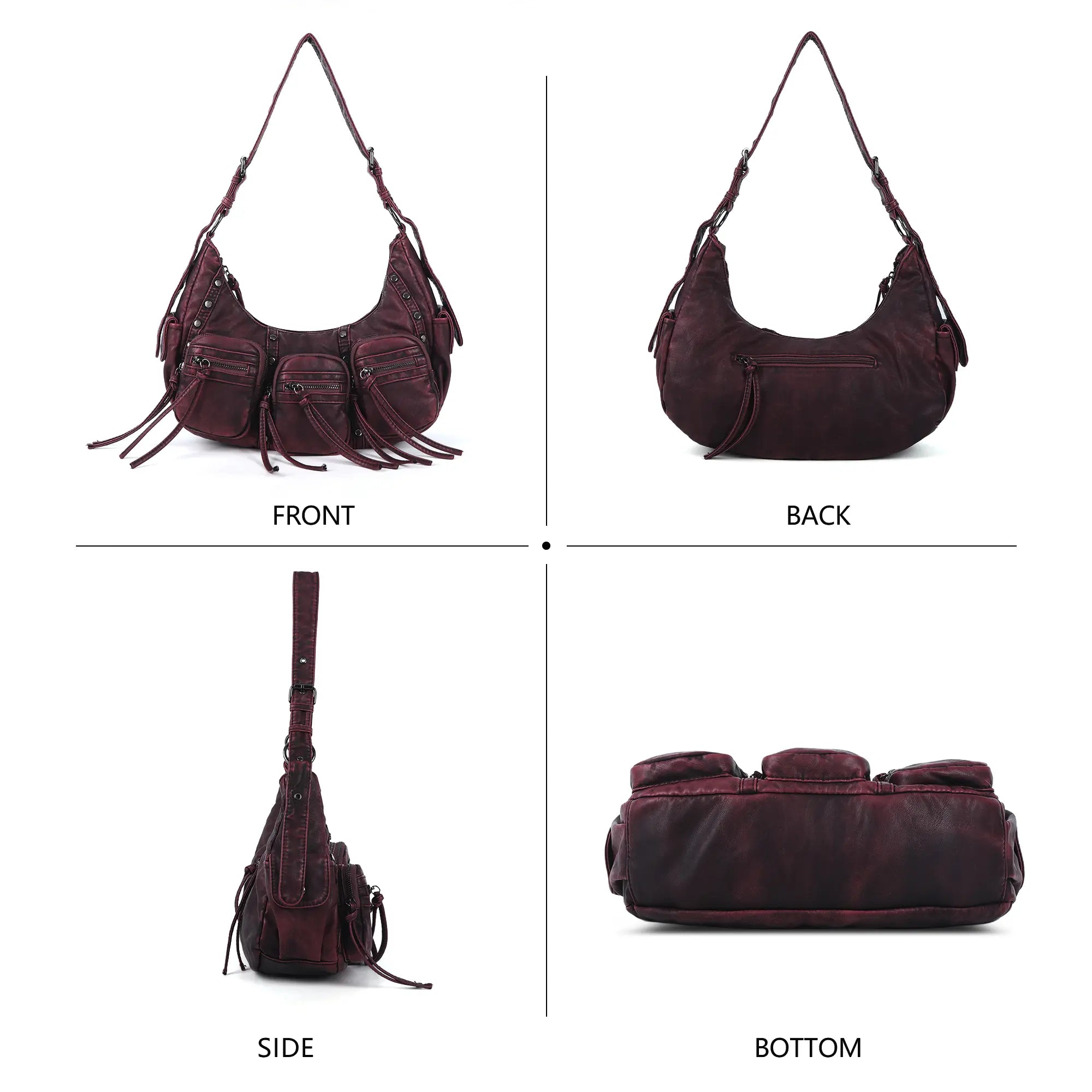 Multi-Pocket Crescent Shoulder Bag with Tassel Zipper Details