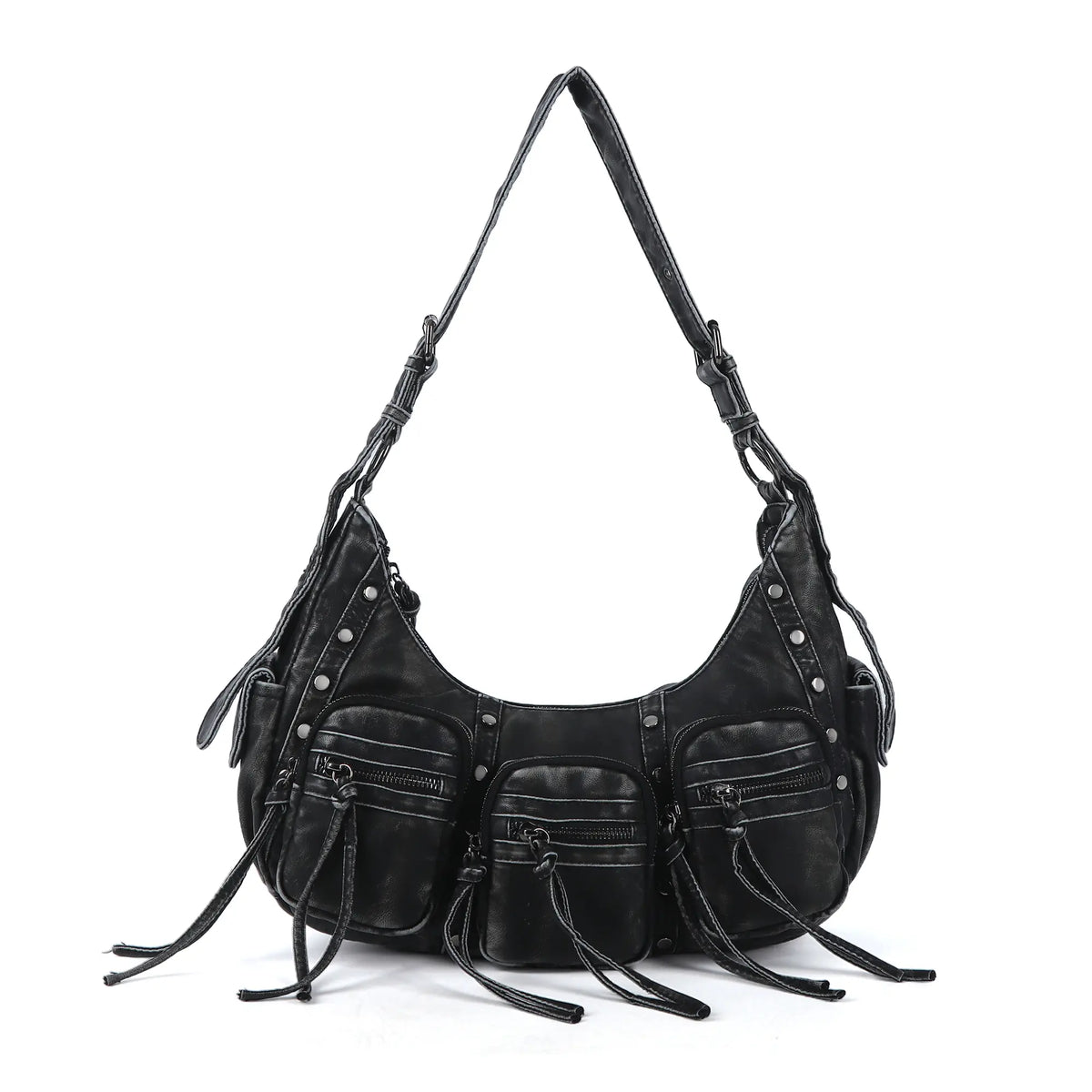 Multi-Pocket Crescent Shoulder Bag with Tassel Zipper Details