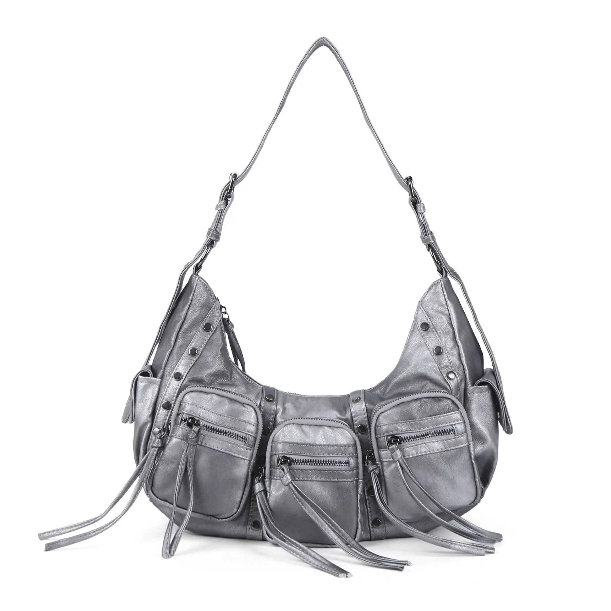 Multi-Pocket Crescent Shoulder Bag with Tassel Zipper Details