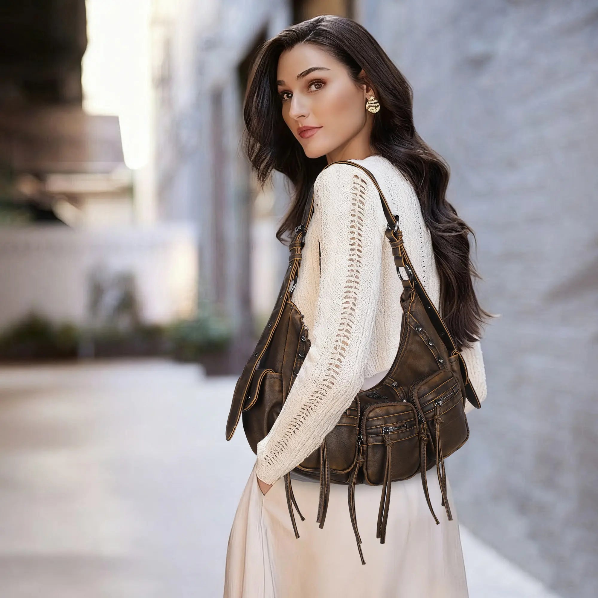 Multi-Pocket Crescent Shoulder Bag with Tassel Zipper Details