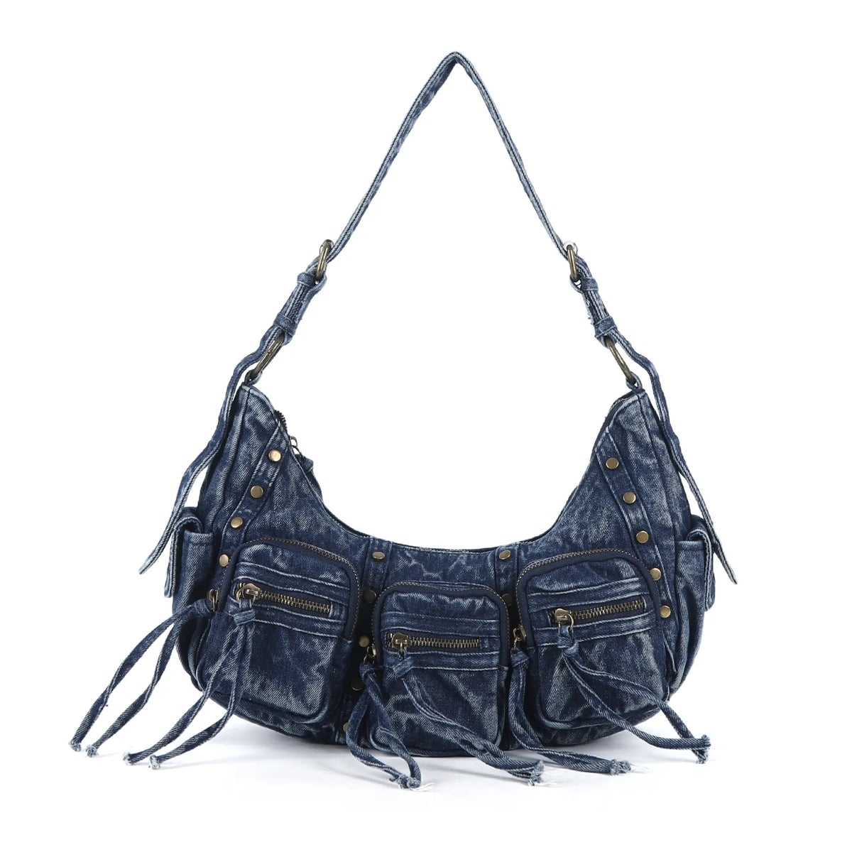 Multi-Pocket Crescent Shoulder Bag with Tassel Zipper Details