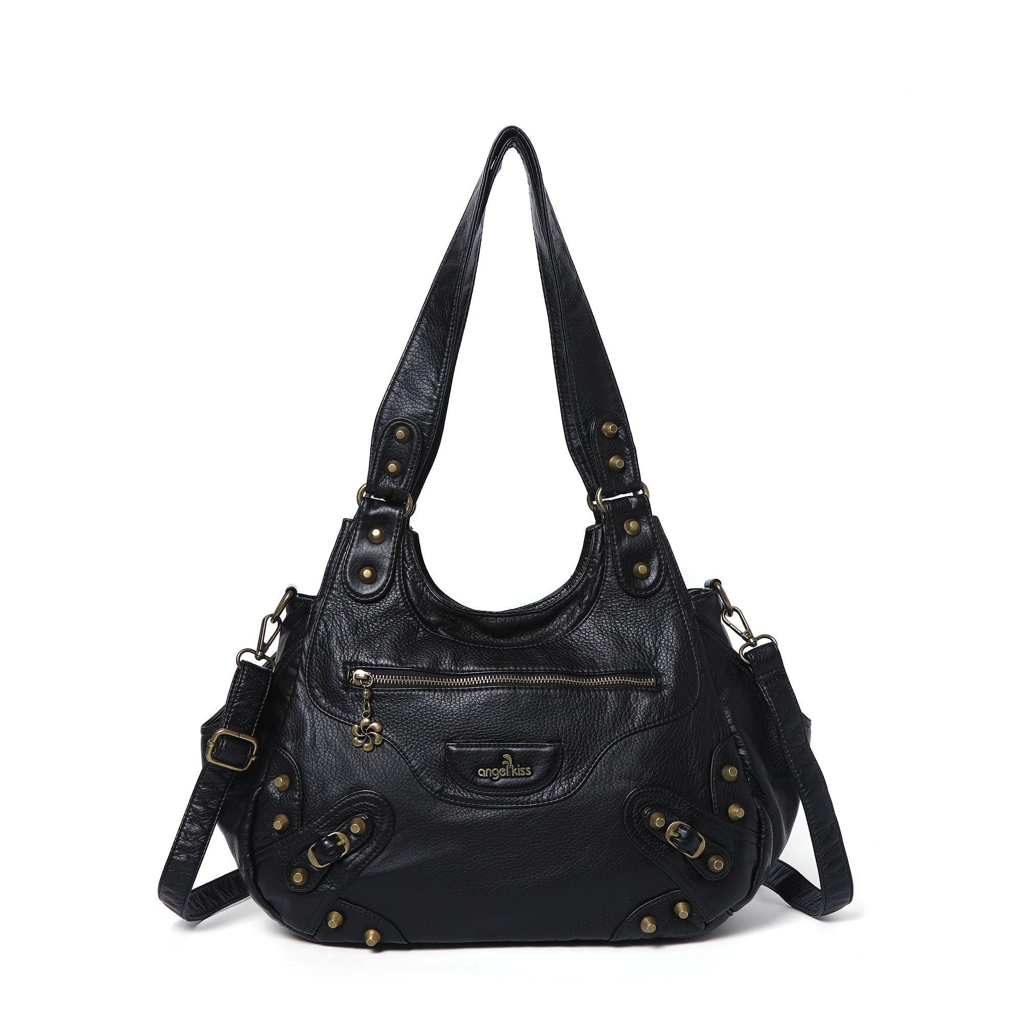 Minimalist Retro-Style Vegan Leather Bag with Stud Details and Large Capacity