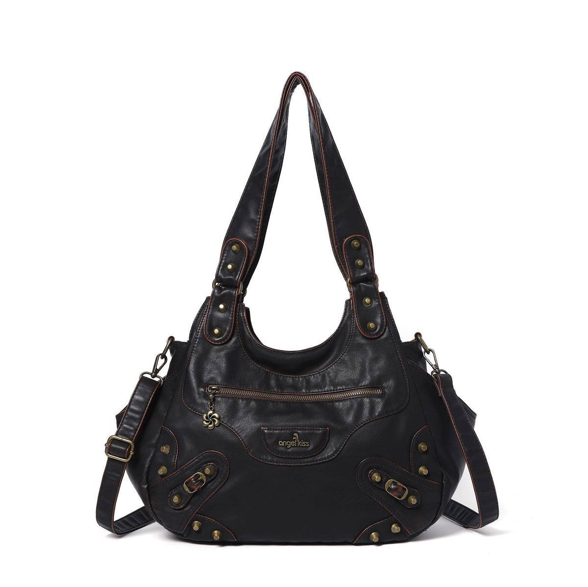 Minimalist Retro-Style Vegan Leather Bag with Stud Details and Large Capacity