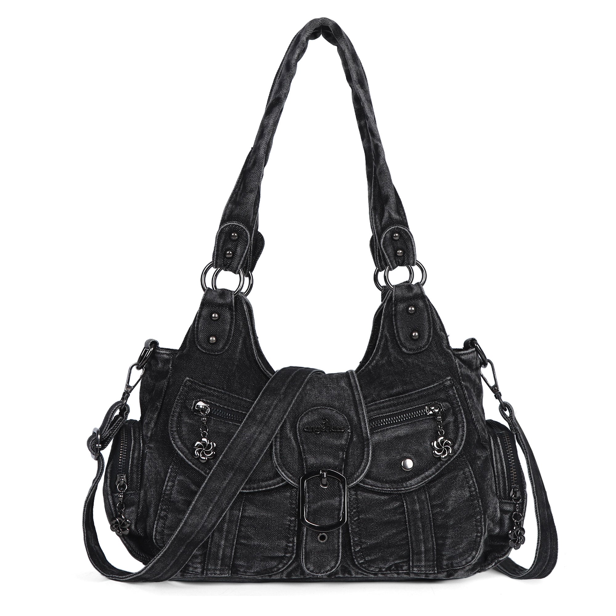 Black Washed Denim Multi-Pocket Hobo Shoulder Bag for Women