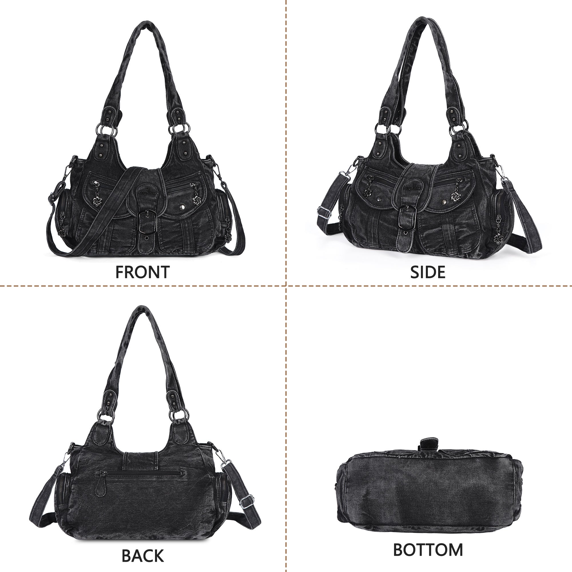Black Washed Denim Multi-Pocket Hobo Shoulder Bag for Women