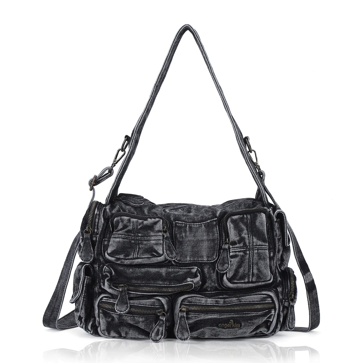 Everyday Washed Denim Multi-Pocket Cargo Shoulder Bag