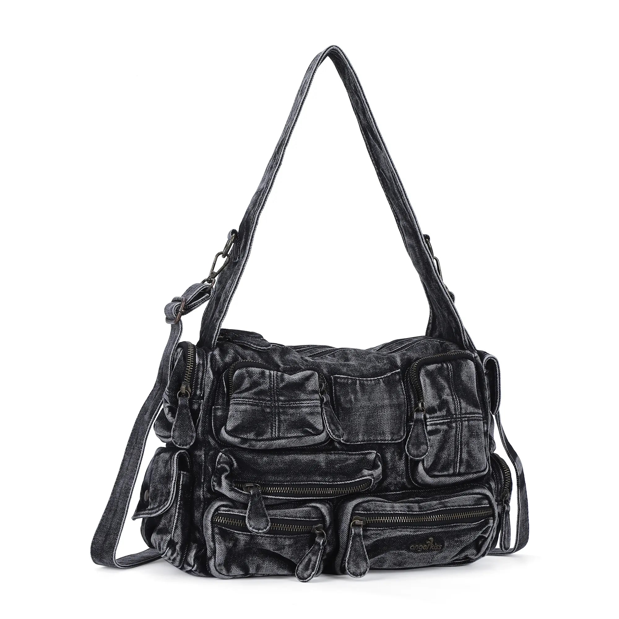 Everyday Washed Denim Multi-Pocket Cargo Shoulder Bag