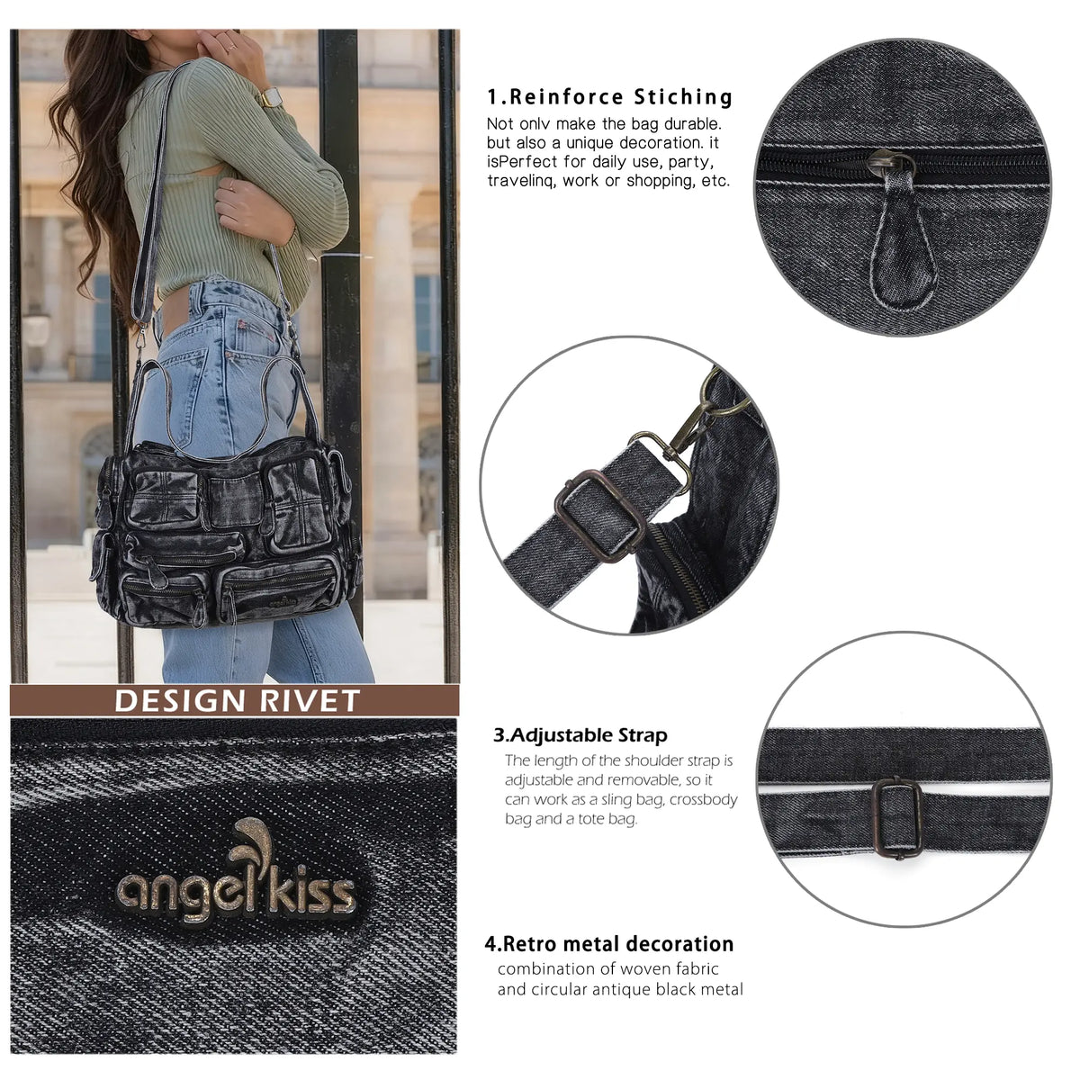 Everyday Washed Denim Multi-Pocket Cargo Shoulder Bag